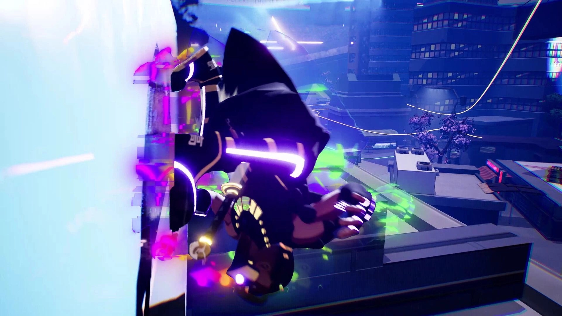 YASUKE: Character performing a wall run with neon glow in a futuristic cityscape at night