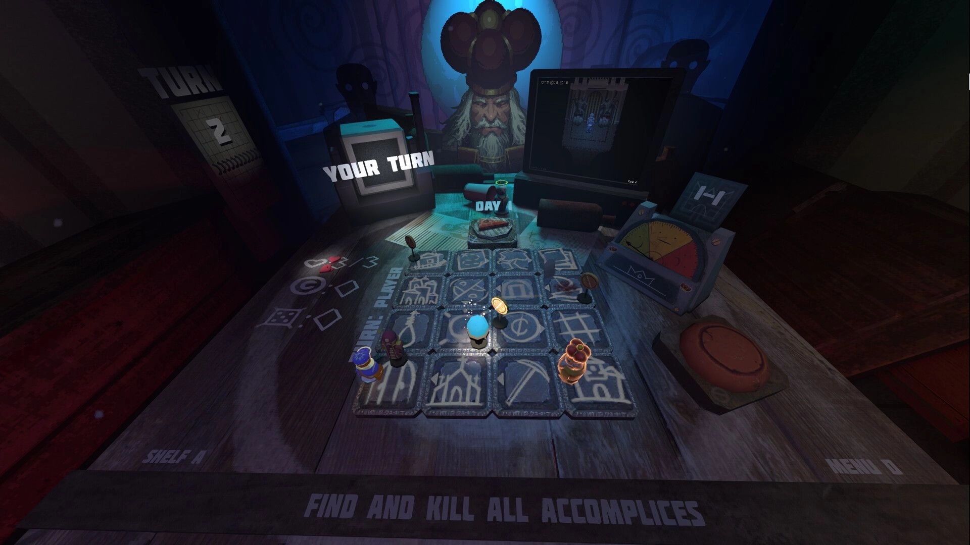 Yclept: Game board with character pieces, "Your Turn" indicator, and King portrait in dark room.