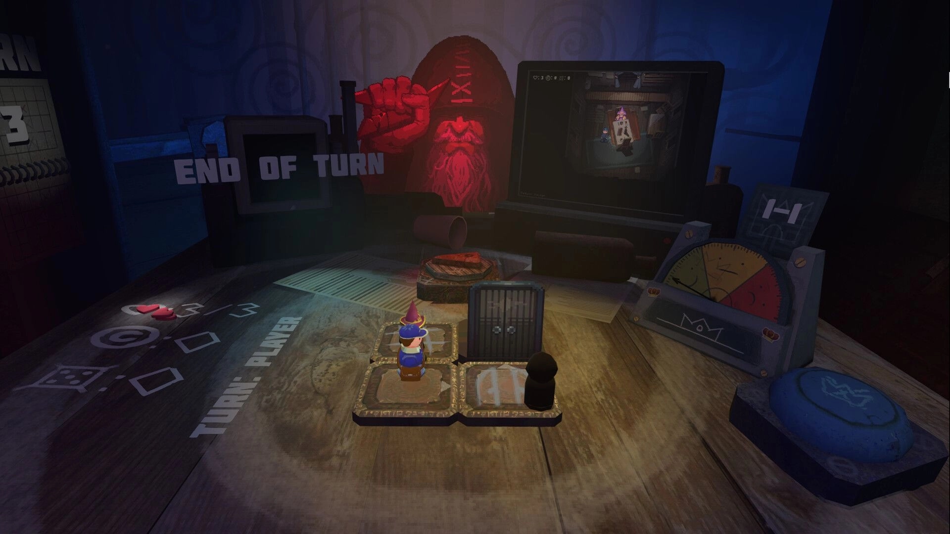 Yclept: Player figure on game board with "End of Turn" message and ominous red figure in background
