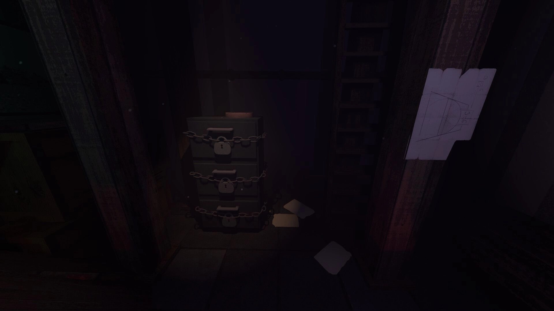 Yclept: Dark room with chained cabinet and scattered papers, hinting at hidden secrets and puzzles