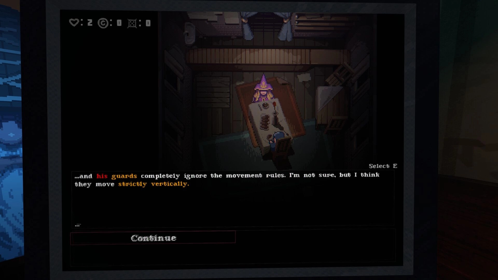 Yclept: Overhead view of a wizard at a table in a dimly lit room with dialogue options displayed