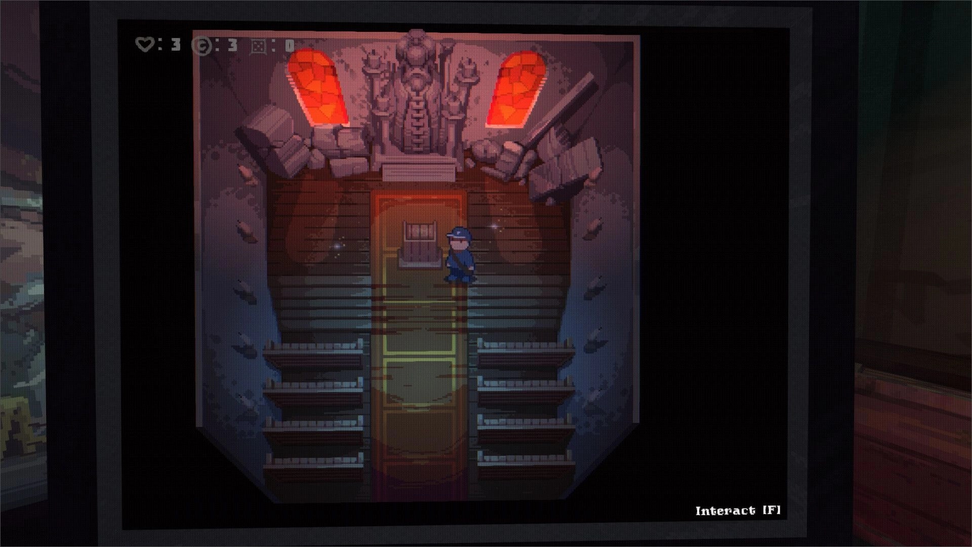 Yclept: Character in dim chamber with red stained glass, standing before chest, ready to interact.