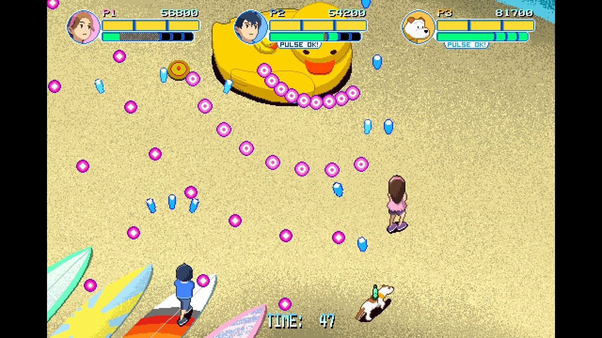 Yellow Trouble: Players dodge bullet patterns on beach with giant rubber duck boss in arcade shoot ‘em up