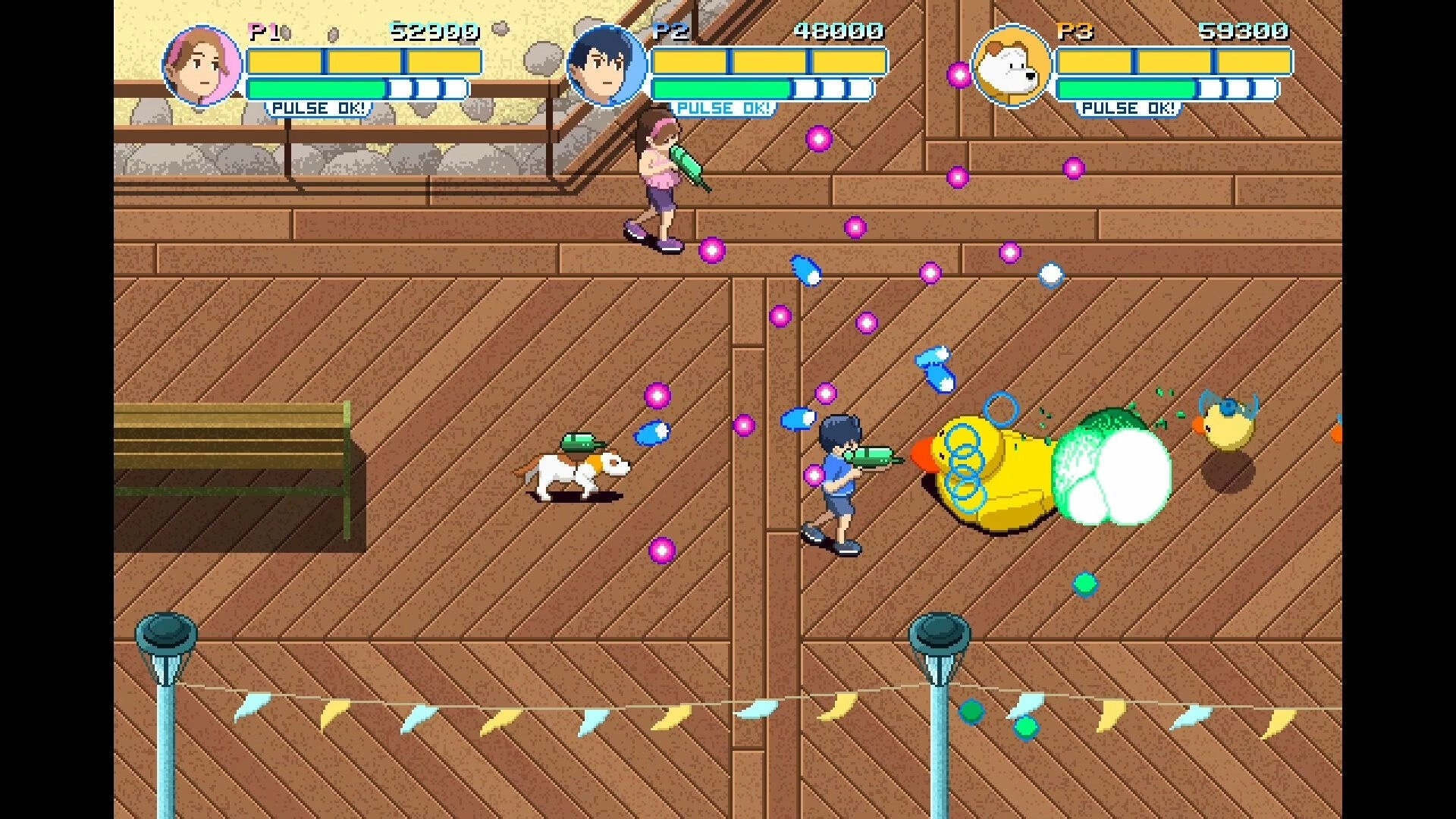 Yellow Trouble: Three players with water guns battling ducks on a wooden deck with colorful projectiles