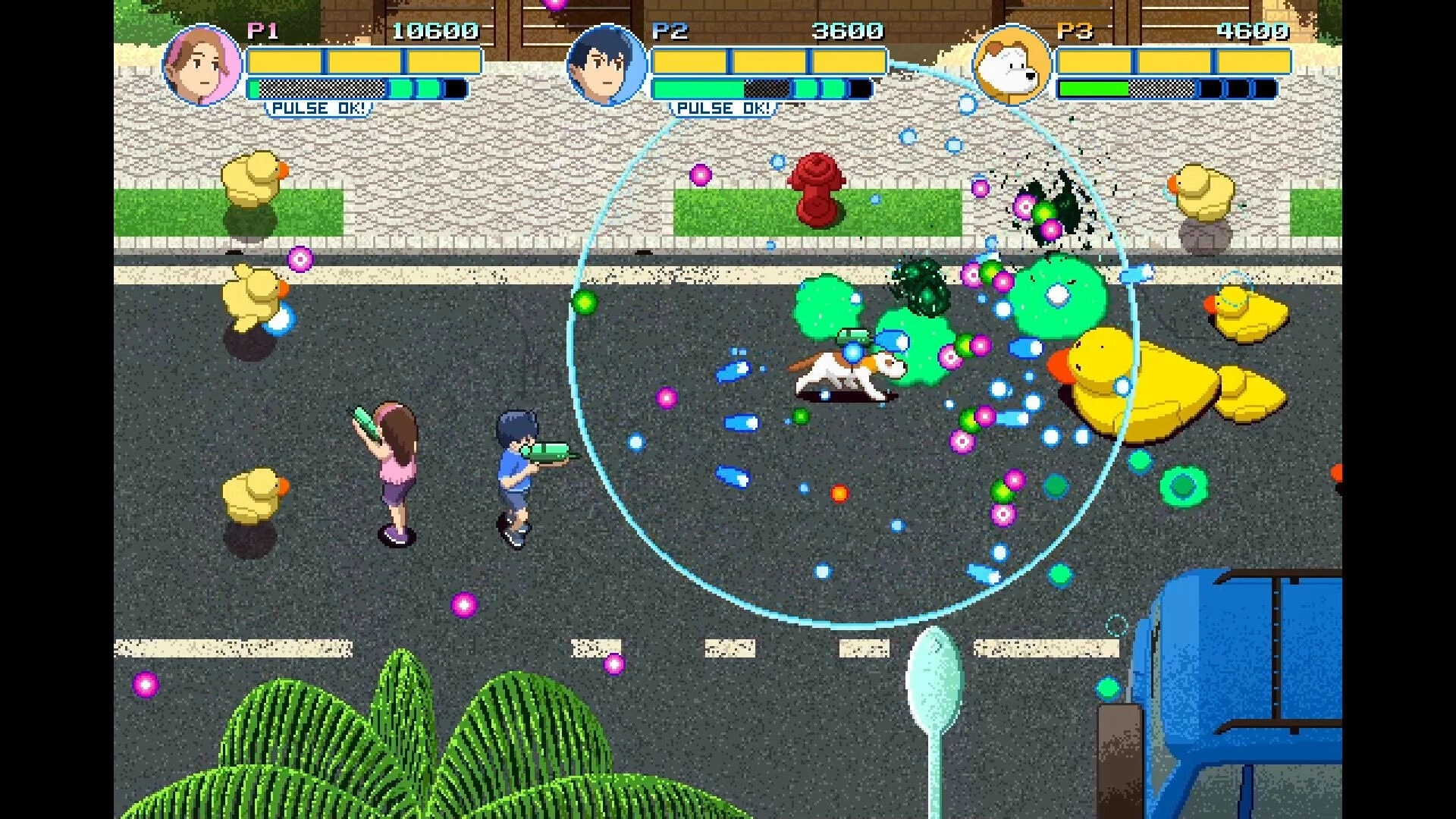 Yellow Trouble: Players shooting water guns at ducks on a street filled with colorful projectiles.