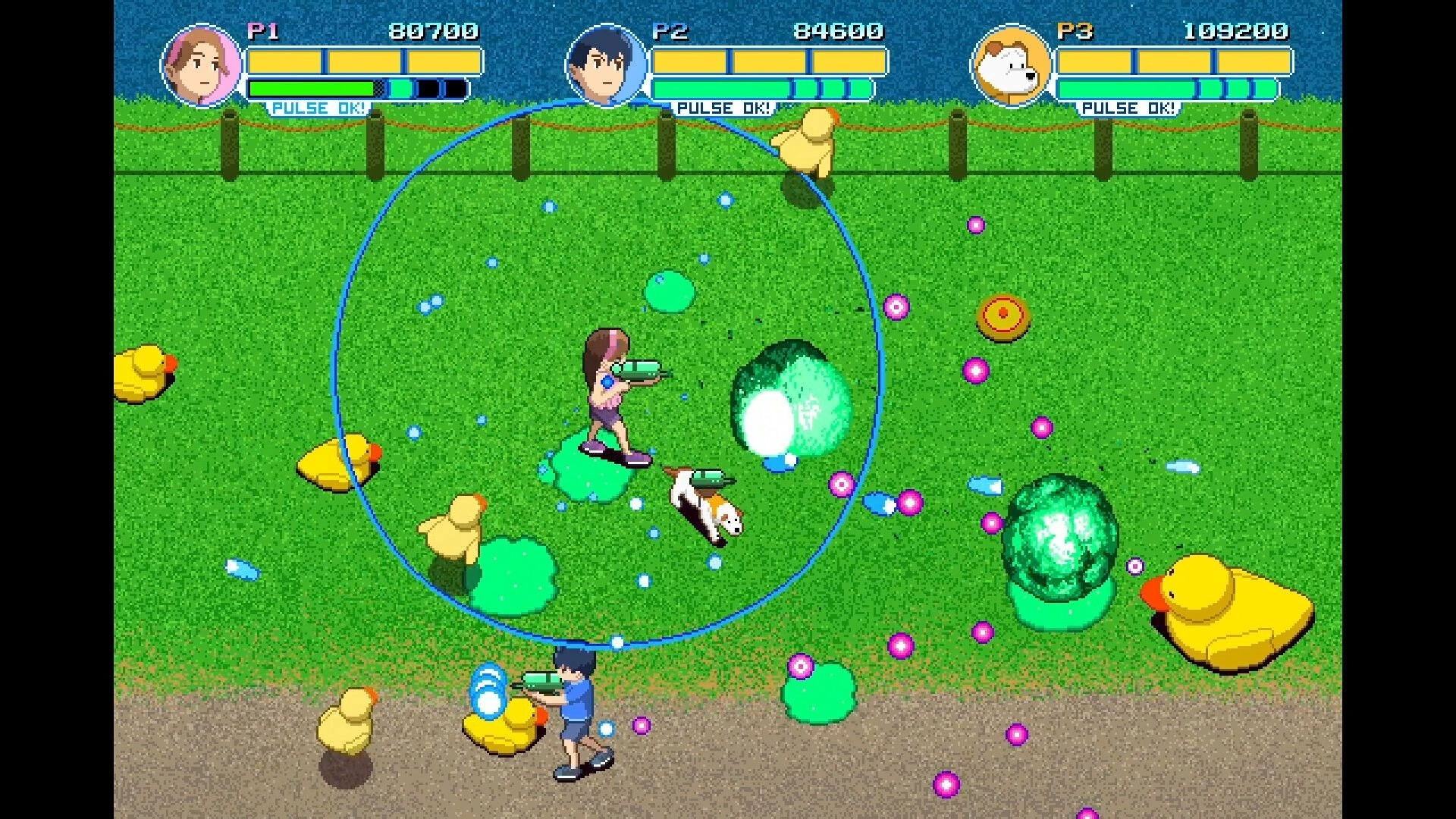 Yellow Trouble: Two players with water guns battle ducks and blobs in a grassy field with health bars.