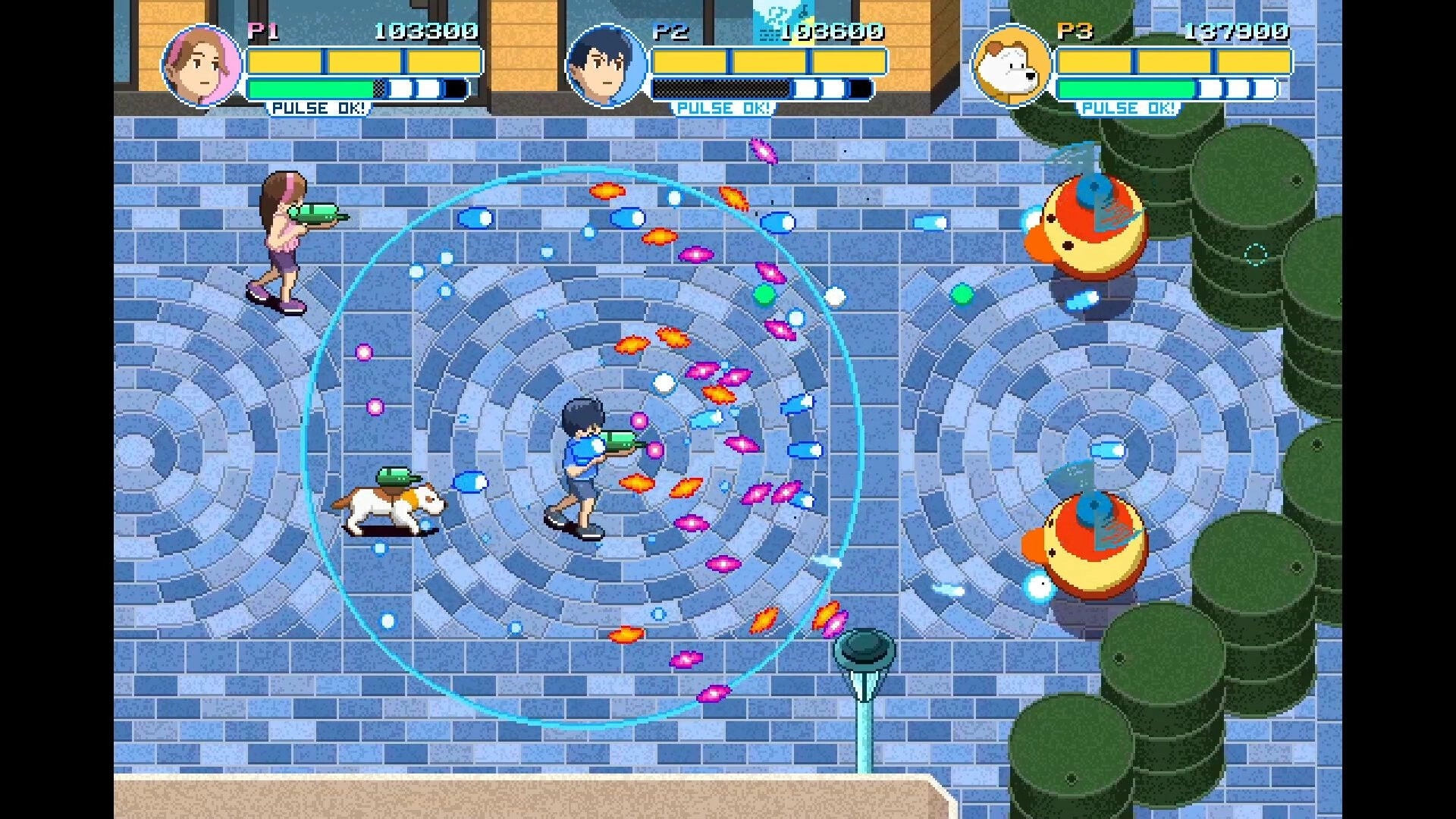 Yellow Trouble: Players firing water guns at ducks in a colorful, tiled arena with score displays.