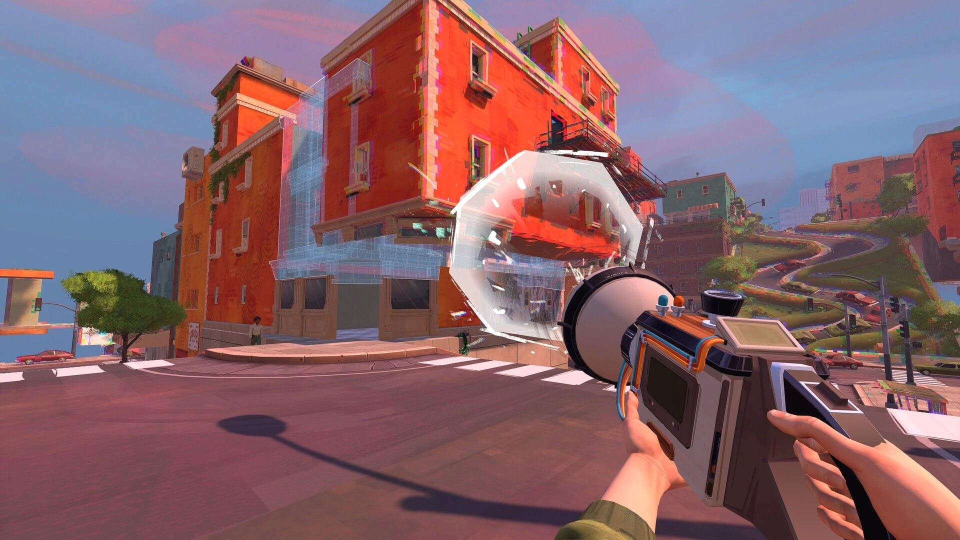 Yerba Buena: First-person Oscillator aimed at red apartment building on a steep city street at dusk.