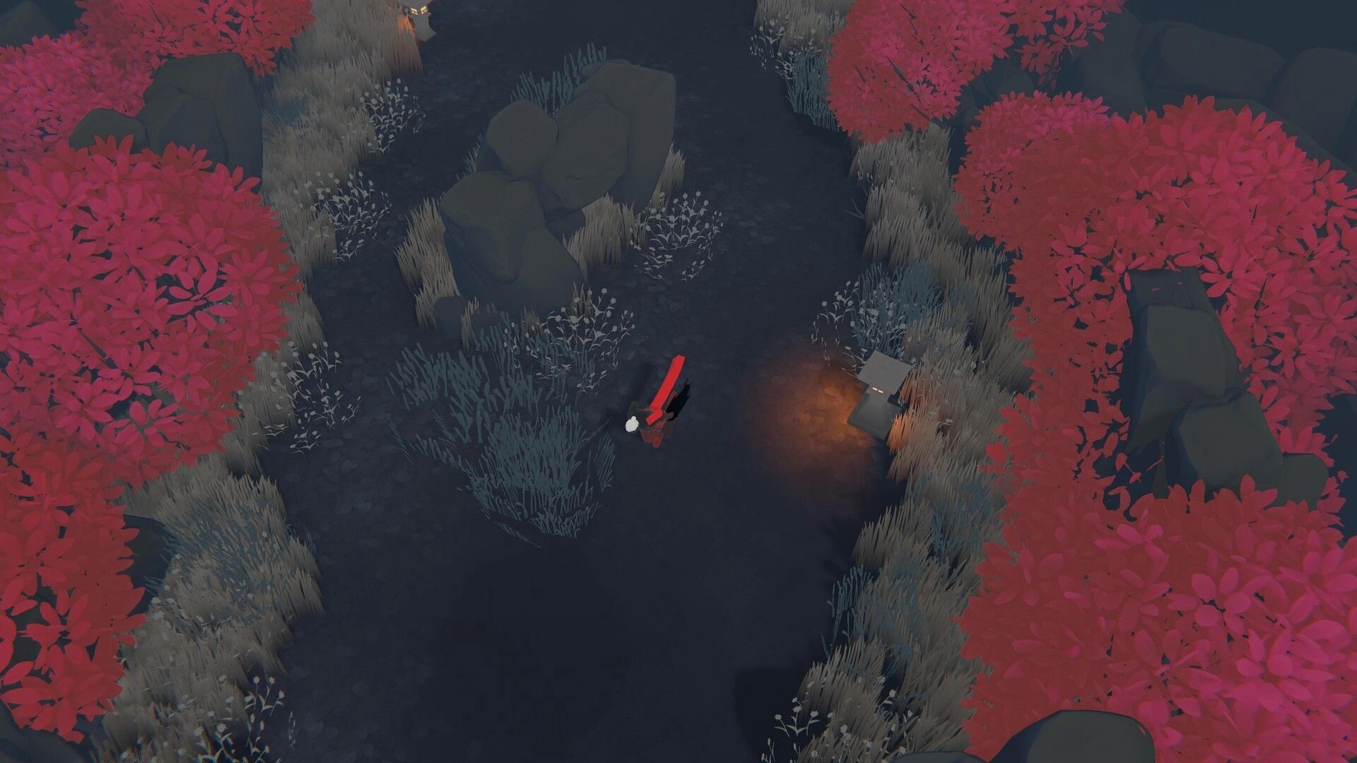 Yomi no Kuni: Samurai walks a dark forest path past a stone lantern amid red trees and rocks.