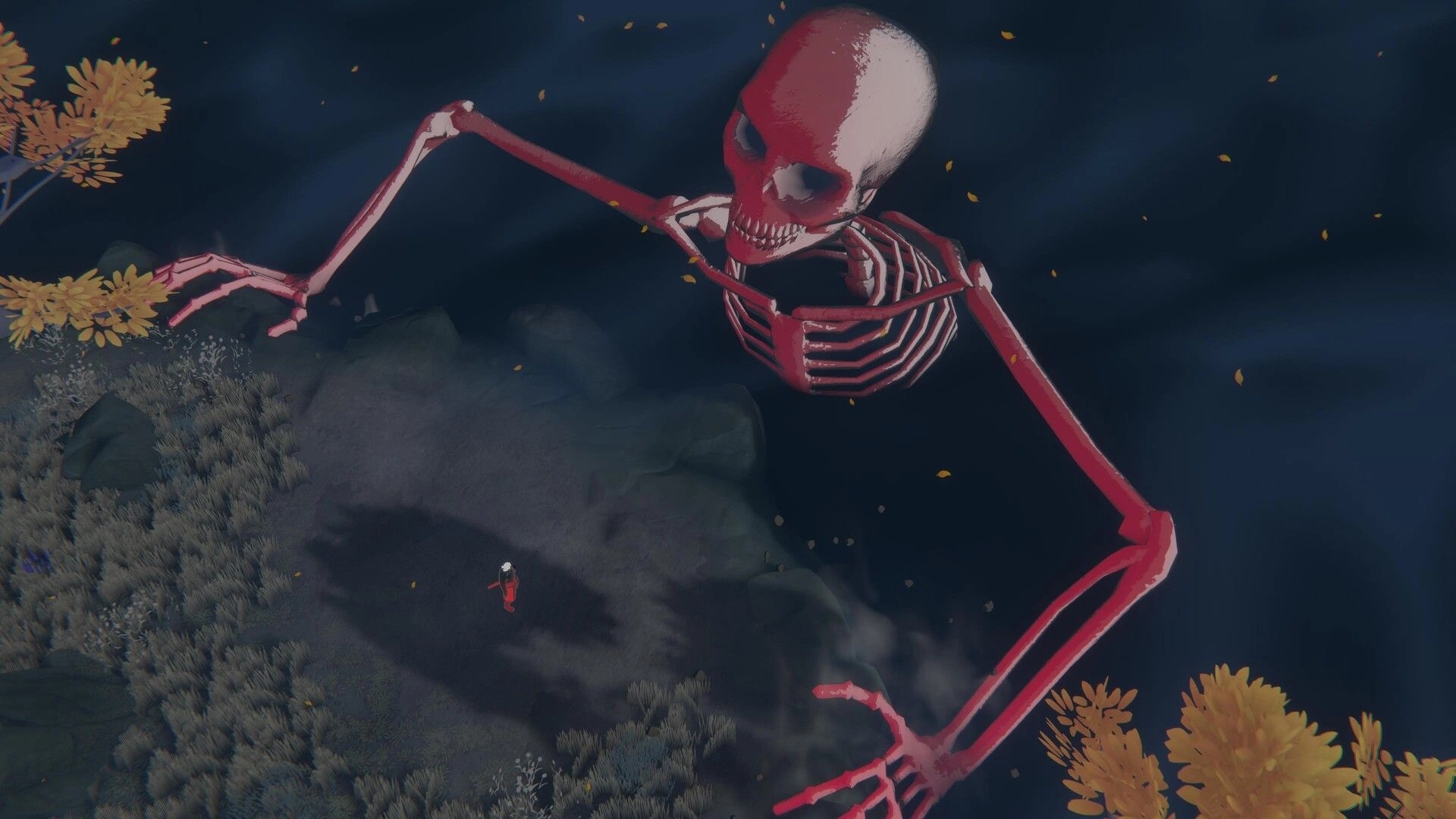 Yomi no Kuni: Giant red skeleton looms over lone warrior on rocky cliff in dark misty void.