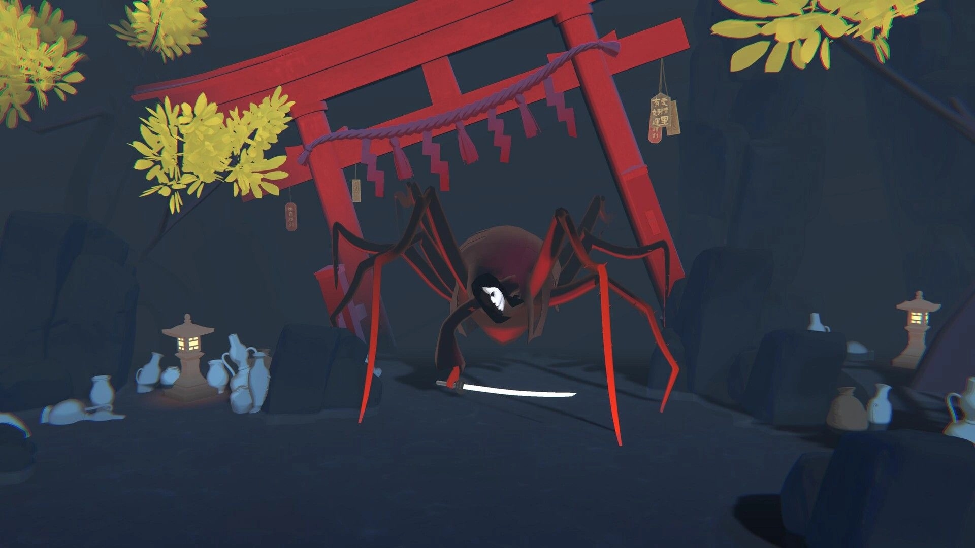 Yomi no Kuni: Giant spider demon looms under a red torii gate in a dim shrine cavern with lanterns.