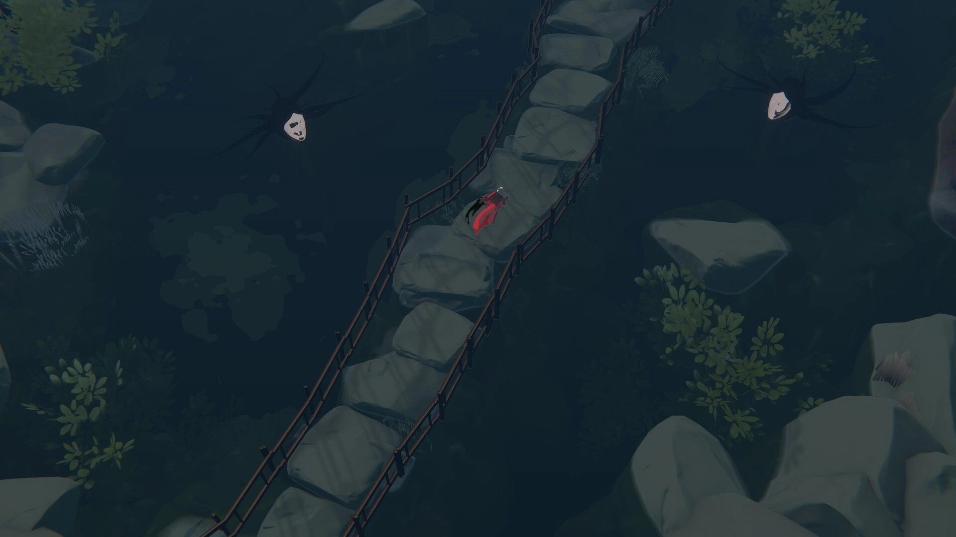 Yomi no Kuni: Red-cloaked samurai runs along a narrow stone bridge over dark water and rocks.