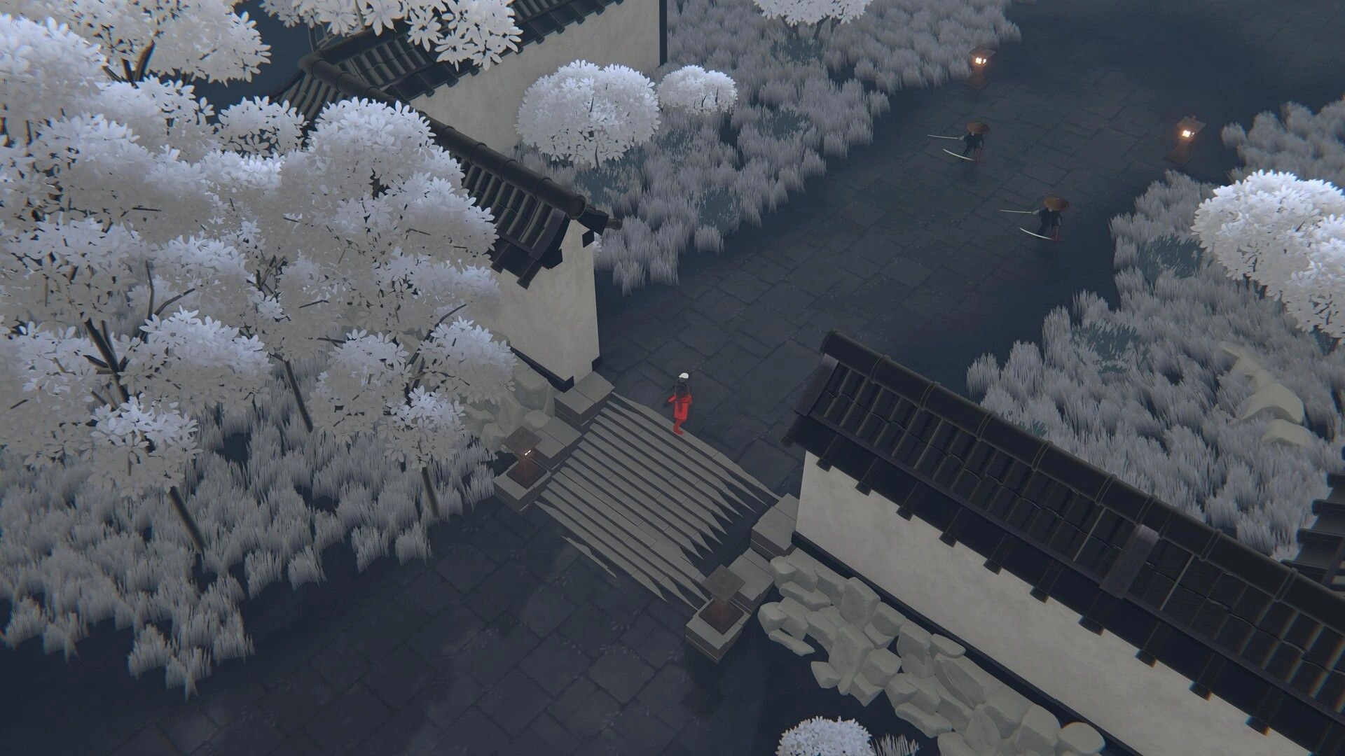 Yomi no Kuni: Red-clad samurai enters a walled courtyard with white trees and two sword foes ahead.