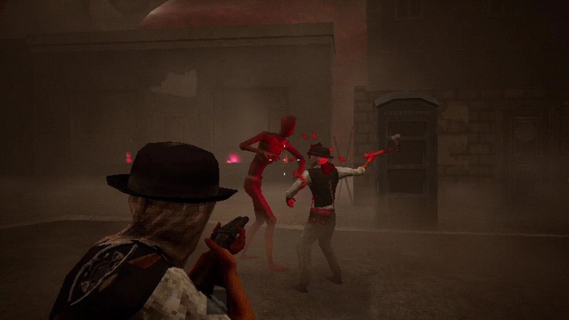 Yots: Player aims pistol as teammate strikes red creature in a foggy alley outside buildings.