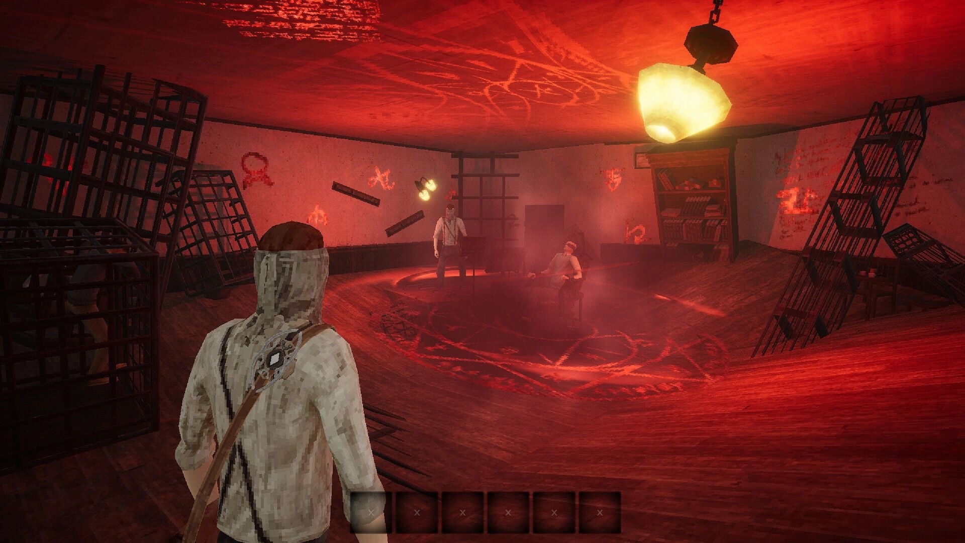 Yots: Player faces two survivors in a red ritual circle room with cages, shelves, and hotbar UI.