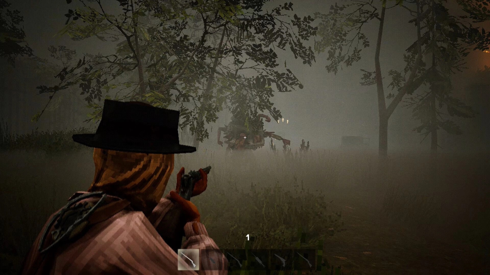Yots: Player aims pistol at a hovering monster, crosshair and hotbar visible in foggy woods.