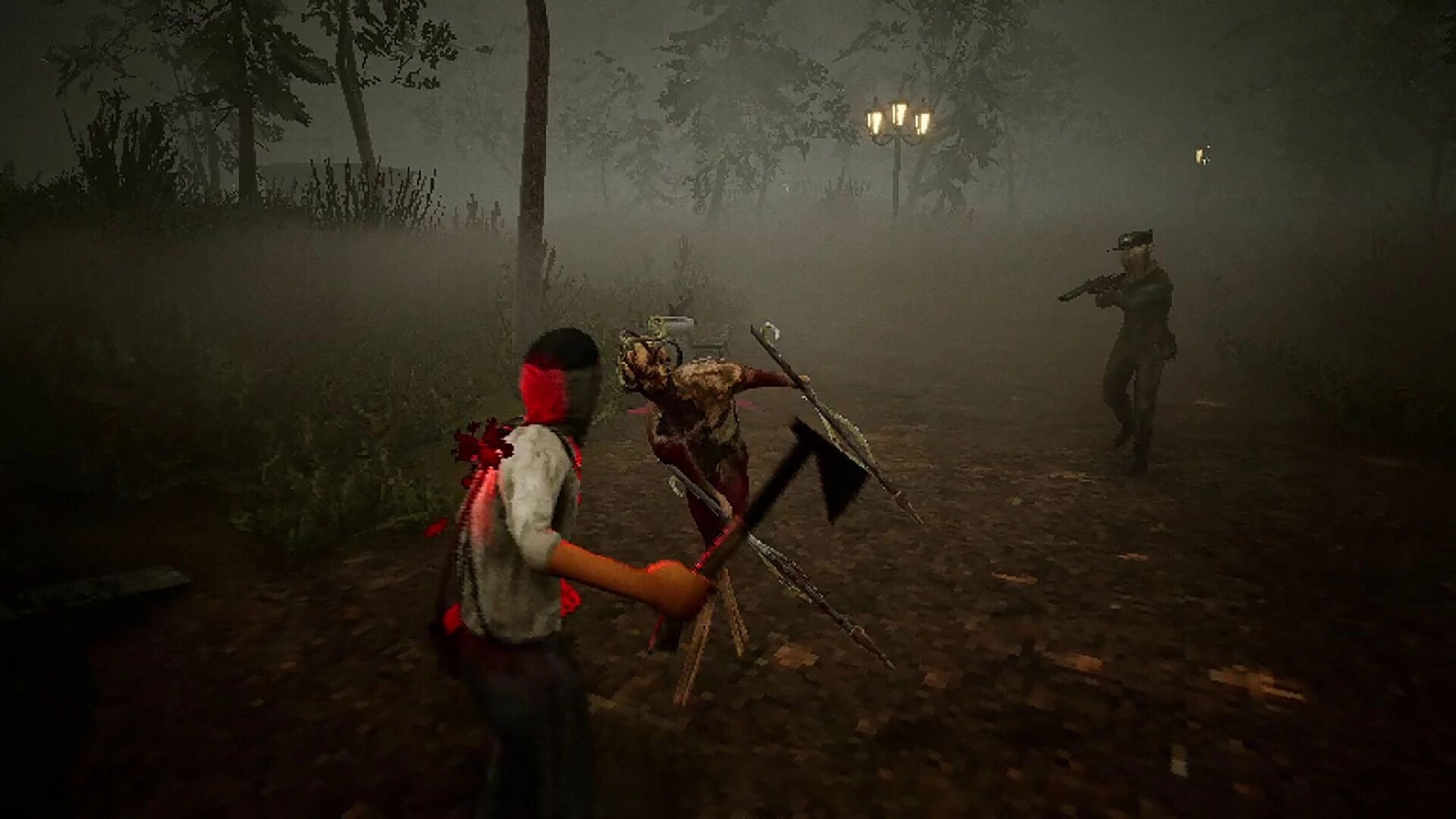 Yots: Player with axe attacks a crawling mutant while teammate aims gun on a foggy road at night.