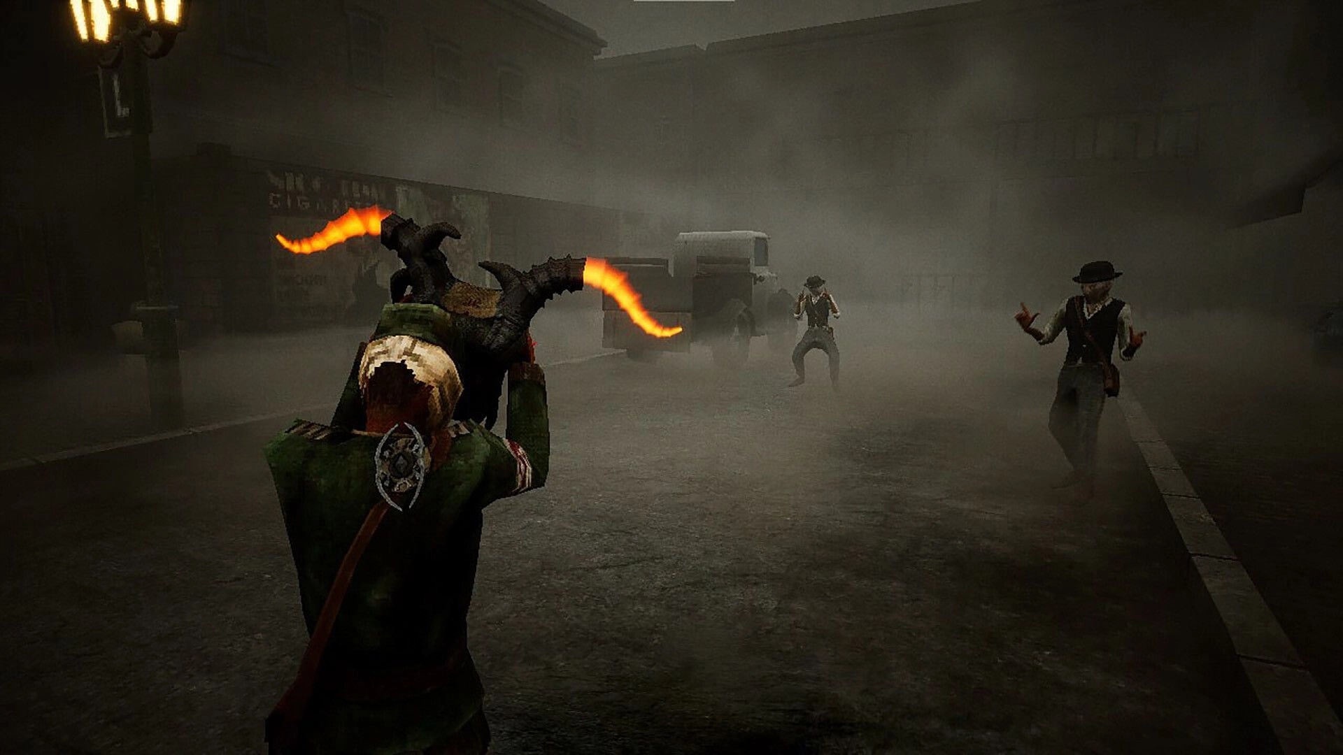 Yots: Over-the-shoulder standoff with horned foe, three survivors in a foggy street by trucks.