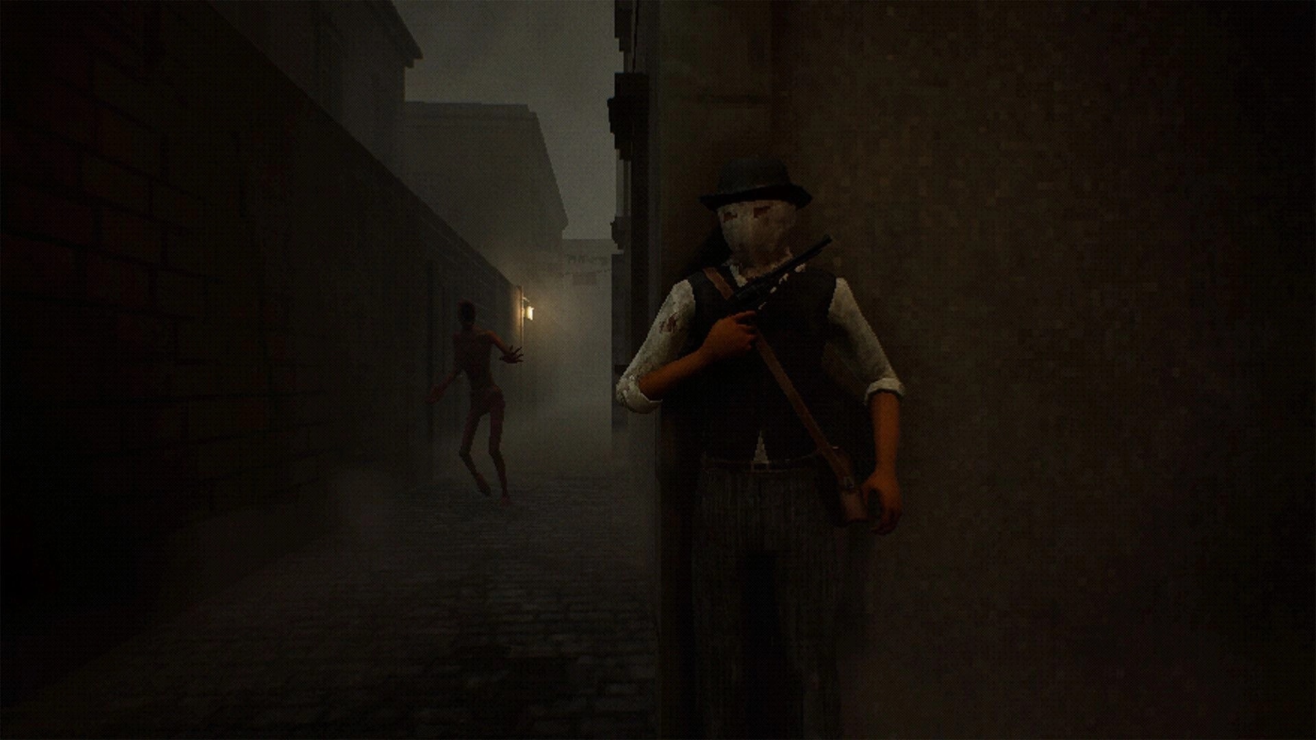 Yots: Masked survivor with shotgun hides by wall as a pale creature prowls a foggy alleyway.