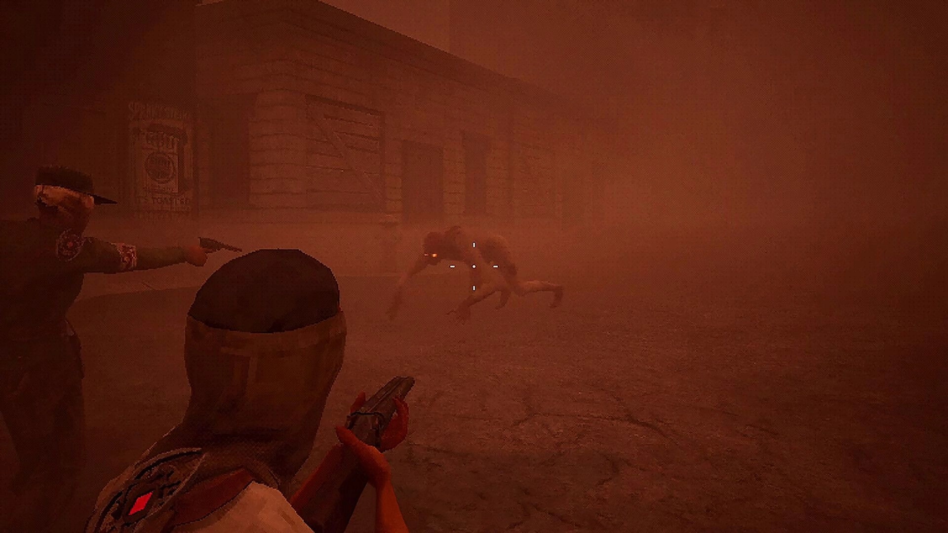 Yots: Two players aim pistols at a glowing-eyed creature in dense red fog on a cobblestone street.