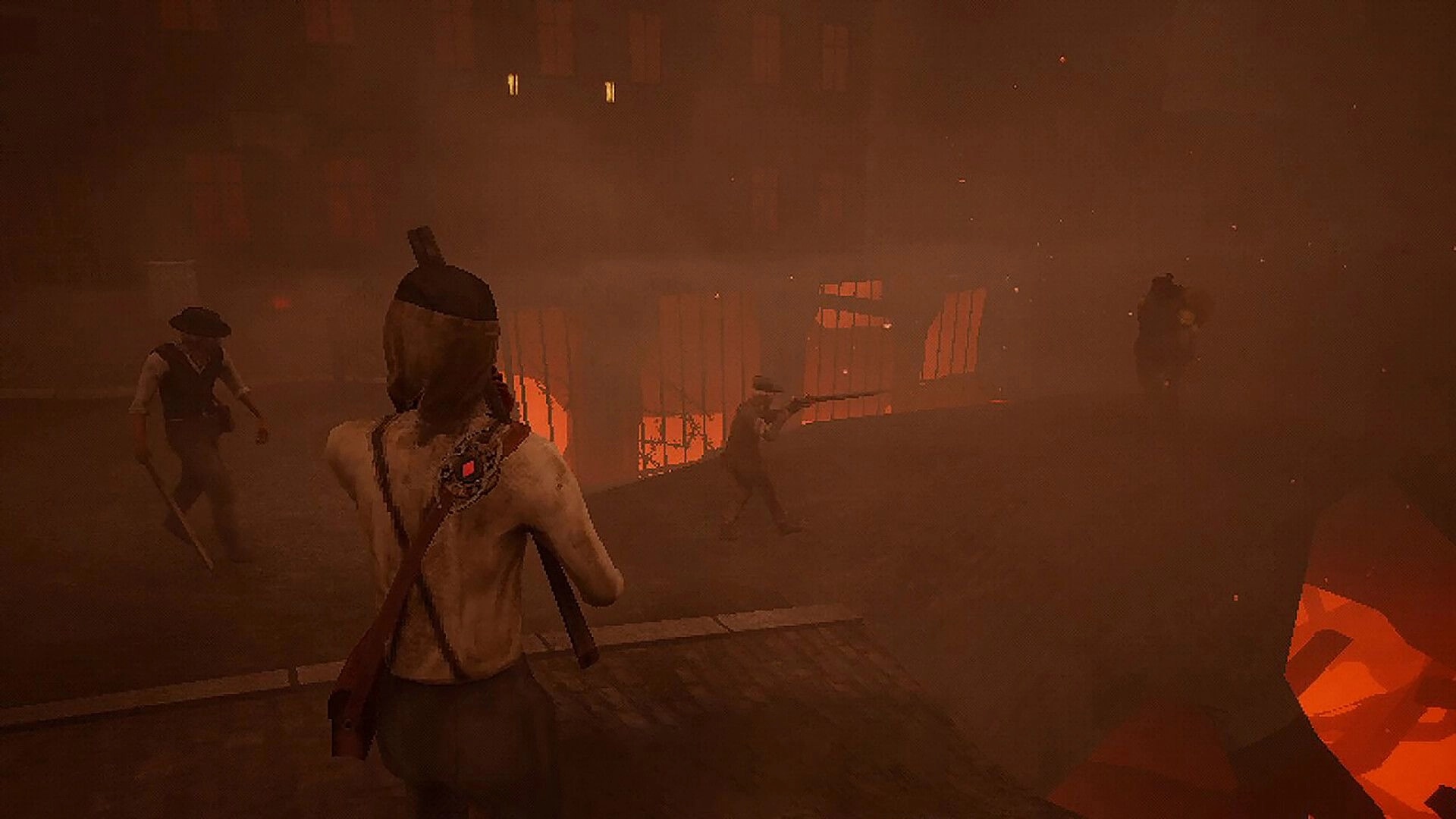 Yots: Three survivors with rifles move through smoky burning building, orange firelight and embers glow.