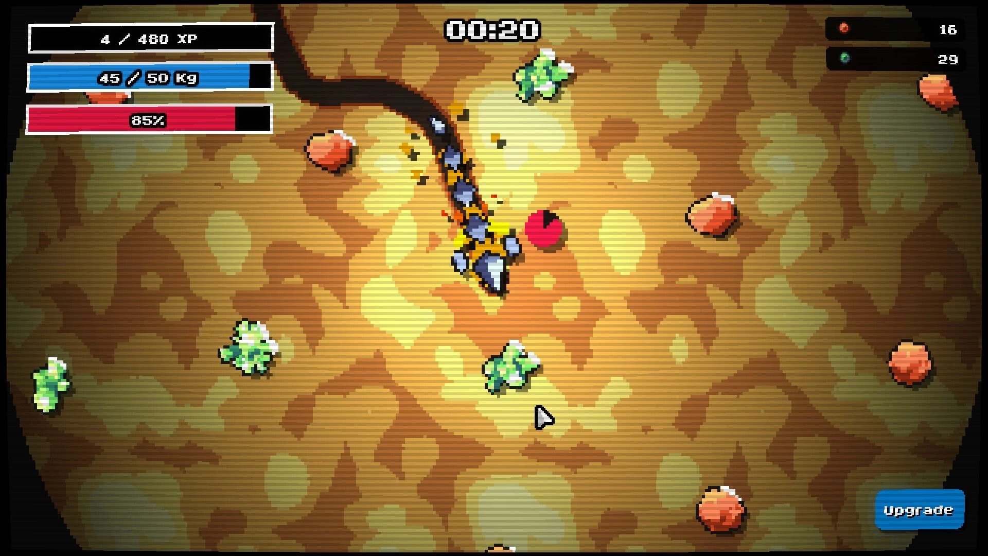 You Know The Drill: Drilling through earth collecting ores with UI showing XP, weight, and upgrade button.
