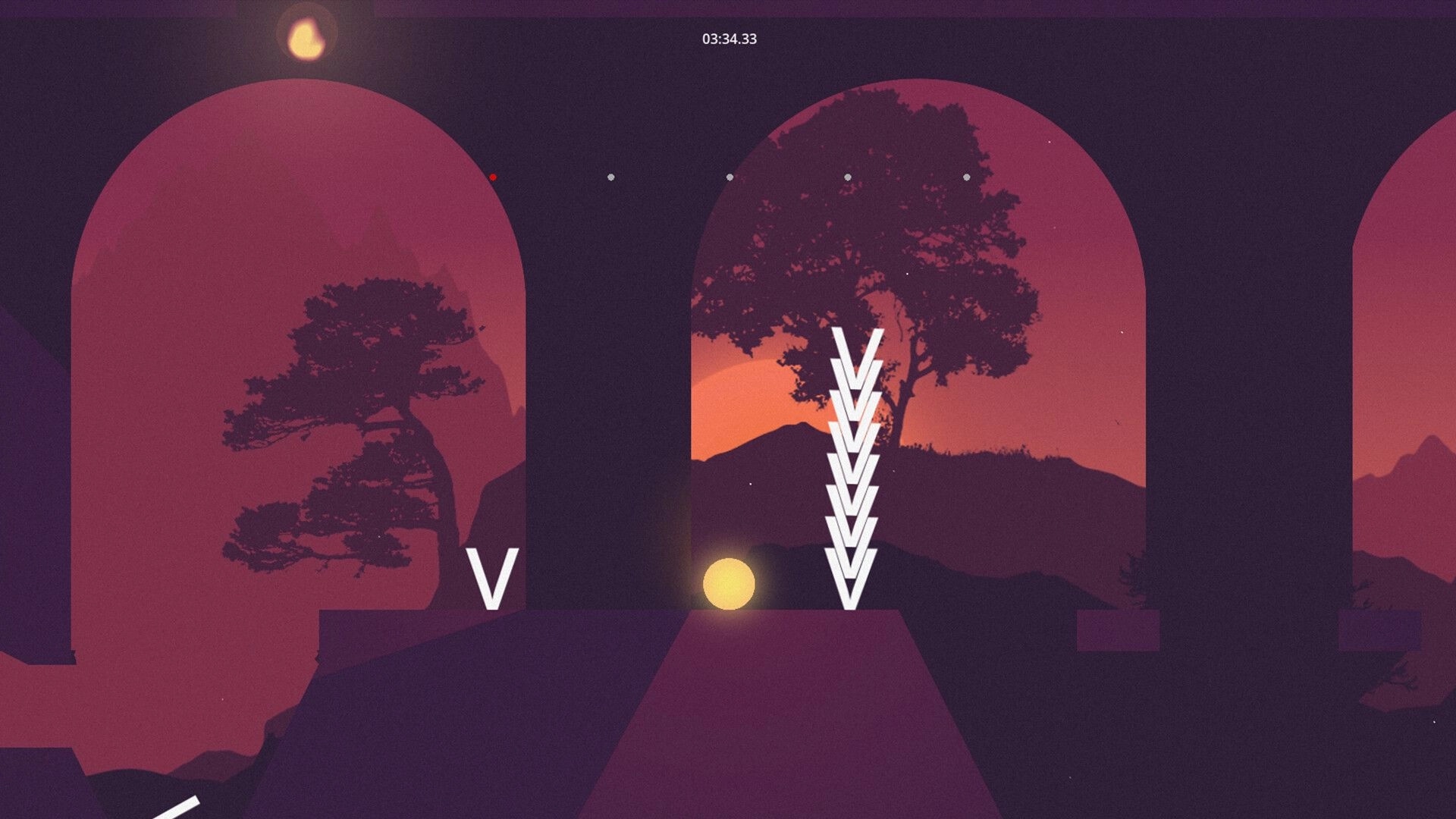 You Remembered: Letters "V" create a path through arches against a sunset backdrop with trees and hills.