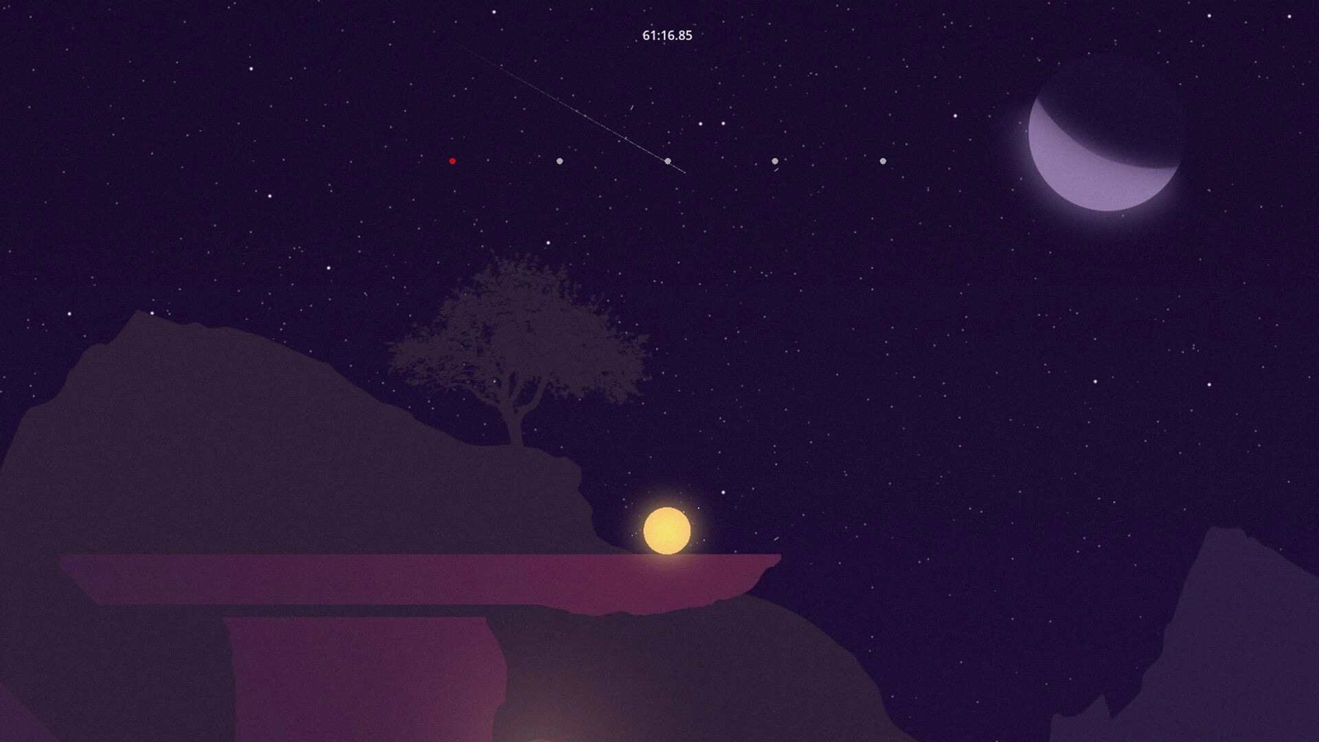 You Remembered: Glowing orb on ledge under starry night sky with crescent moon and silhouette of a tree