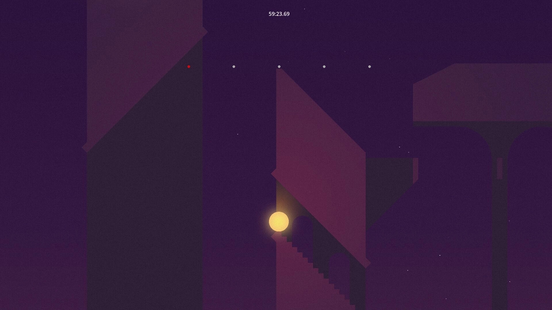You Remembered: Bright orb on staircase in abstract geometric environment with falling letters above