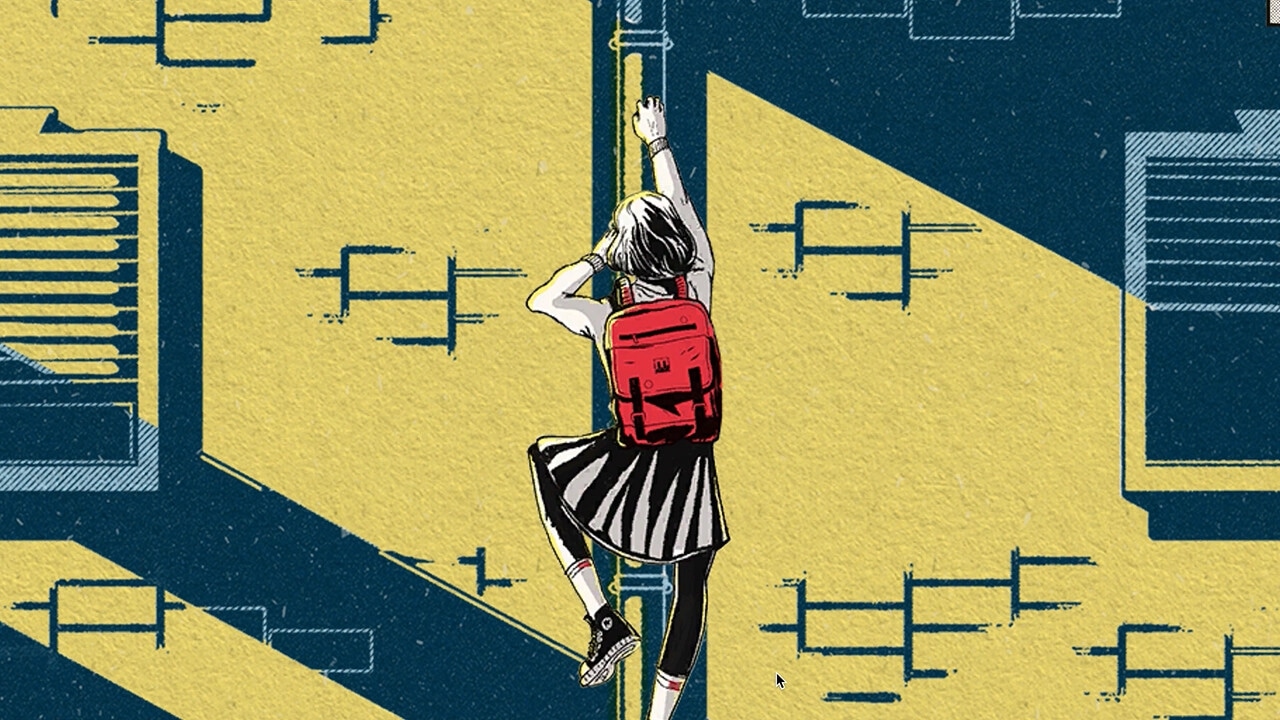 YOUR HOUSE: Character climbing a ladder with a red backpack in a stylized puzzle environment
