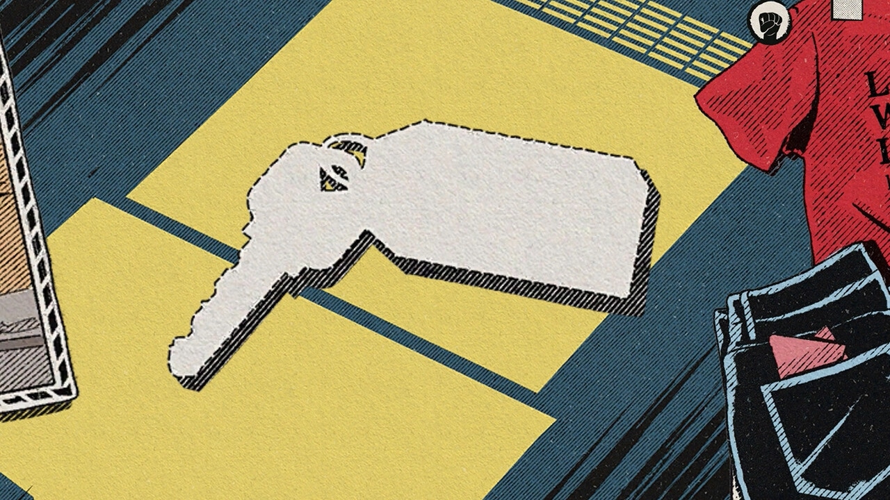 YOUR HOUSE: Key on yellow floor beside a red shirt and jeans in a comic-style inventory scene
