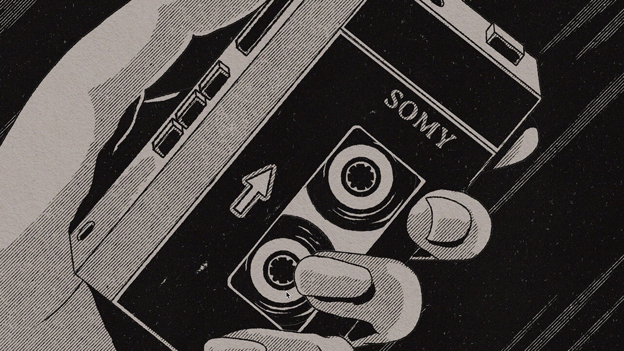YOUR HOUSE: Close-up of a hand holding a vintage cassette recorder labeled "SOMY" in a dark setting