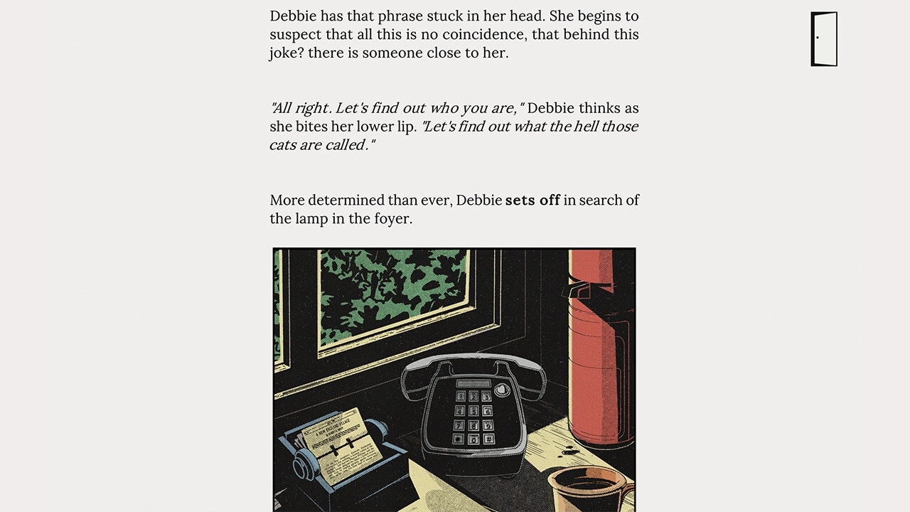 YOUR HOUSE: Debbie investigates a vintage phone and notebook on a dimly lit desk near a window in the foyer.