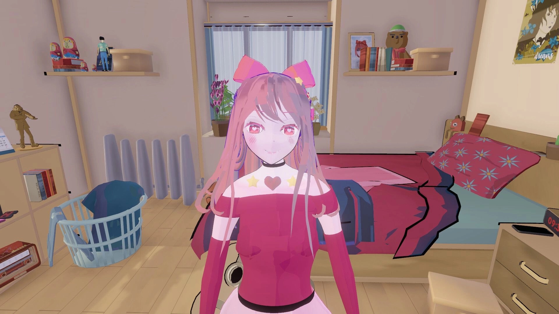 Your Love Ai: Ai stands in a cozy bedroom with books, toys, and a bed with red bedding visible