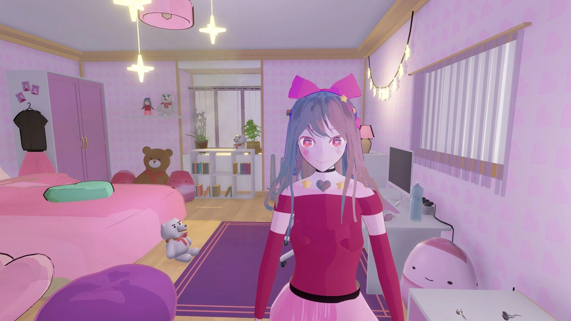 Your Love Ai: Ai standing in a pink-themed bedroom with plush toys and a computer desk in the background