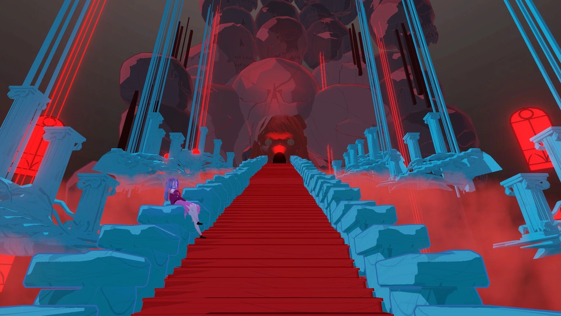 Your Love Ai: Ai sits on a blue platform in a red-lit hall with columns and a giant skull backdrop