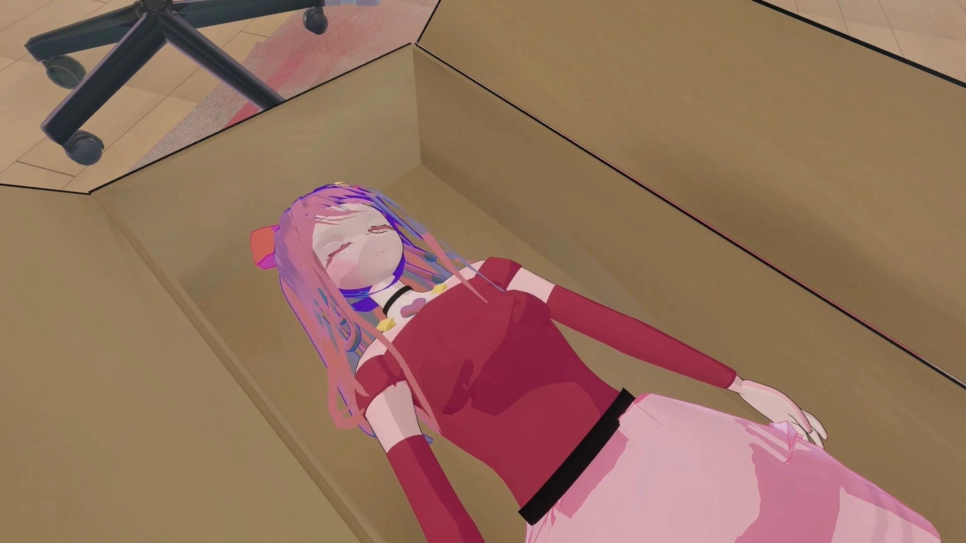 Your Love Ai: Ai resting in a wooden box, surrounded by a room with a chair and wooden floor visible
