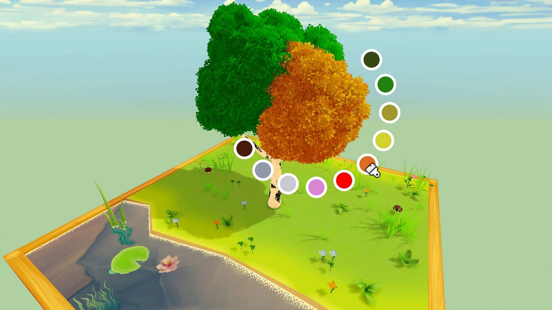 Your Tree: Color selection for autumn leaves on a tree in a serene, sandbox environment with pond