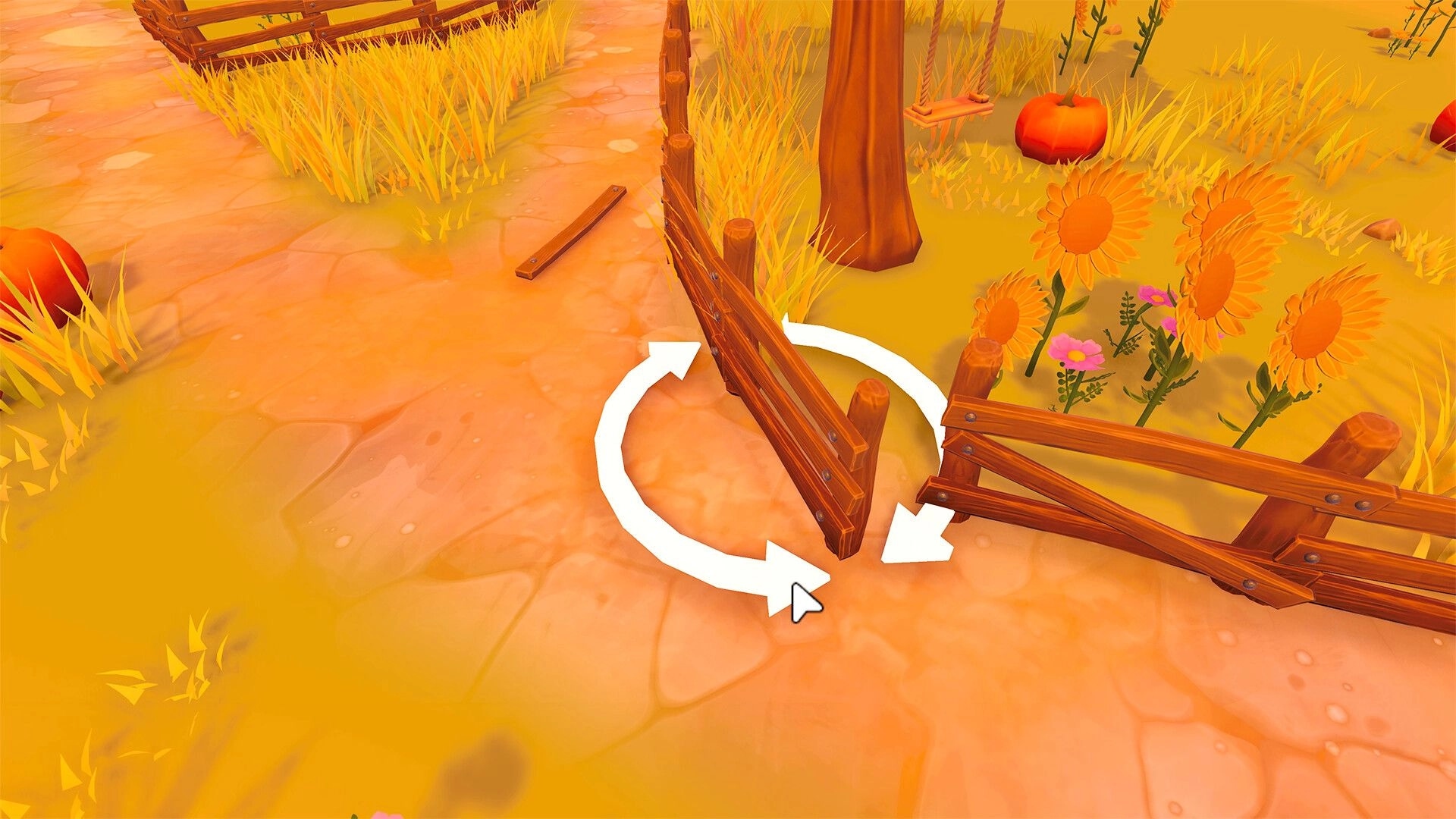 Your Tree: Rotating fence piece near sunflowers and pumpkins on a sunny path in a vibrant field.