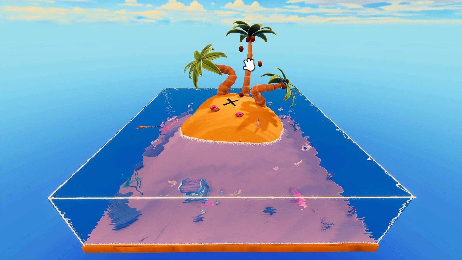 Your Tree: Stylized island with palm trees and coconuts, surrounded by clear blue water and sandy shore