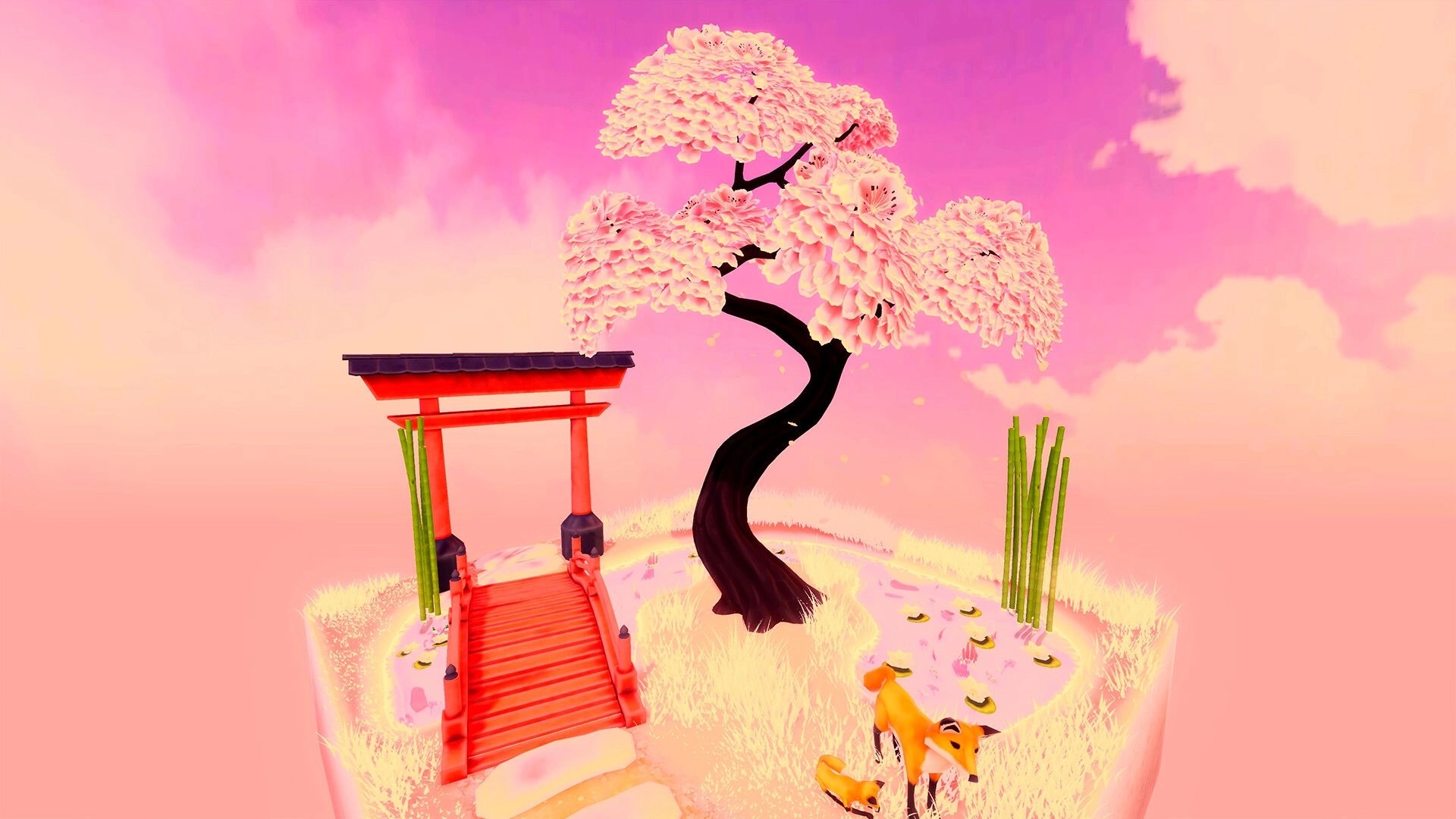 Your Tree: Pink cherry blossom tree beside red torii gate in a dreamy, pastel-colored landscape