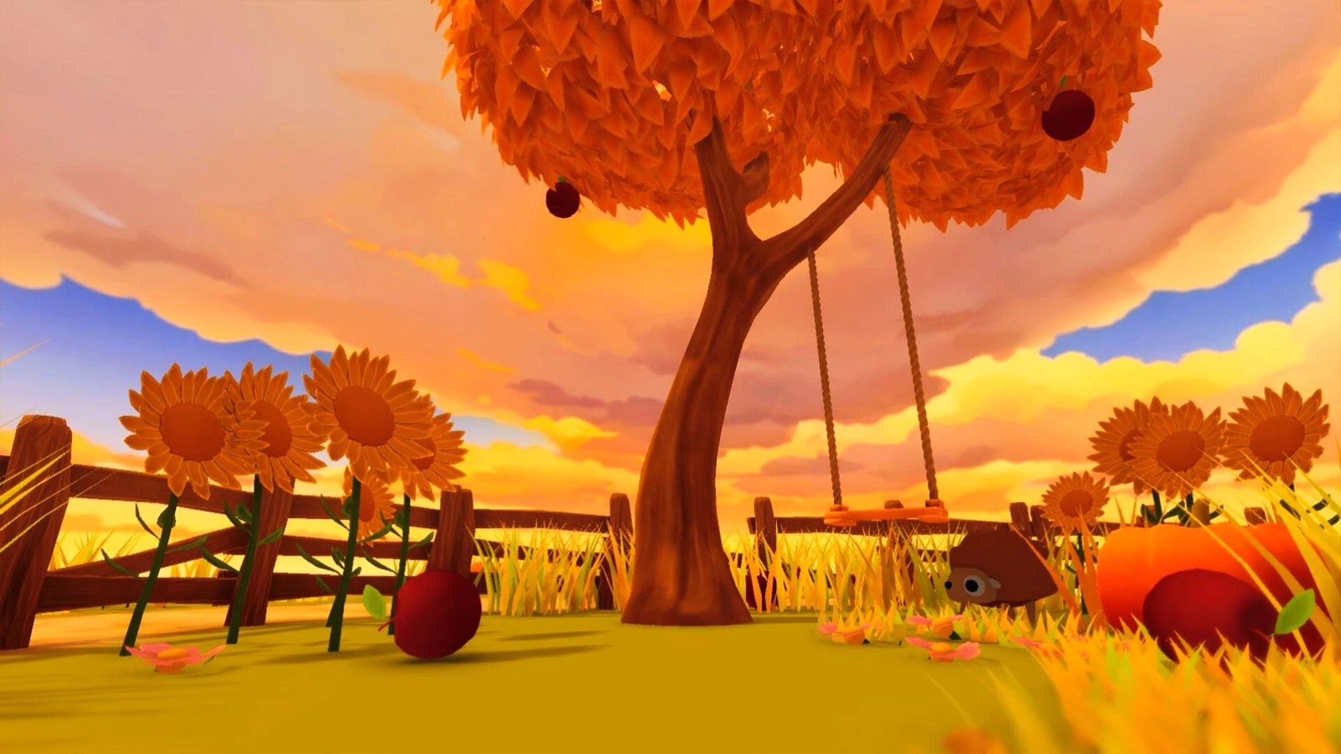 Your Tree: Vibrant tree with swing in a sunflower field under a colorful sky, tiny creature peeking out