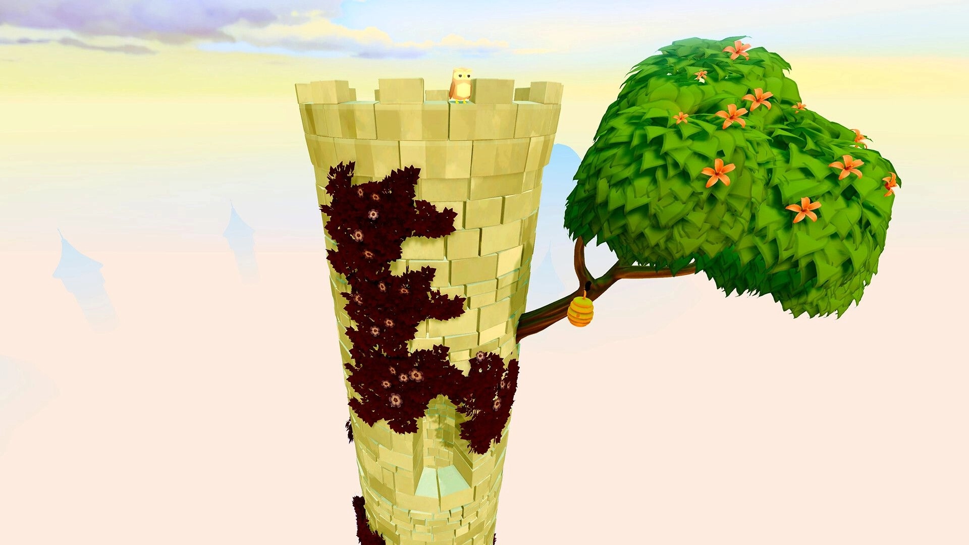 Your Tree: Cartoon owl on top of a stone tower beside a lush green tree with flowers in a pastel sky