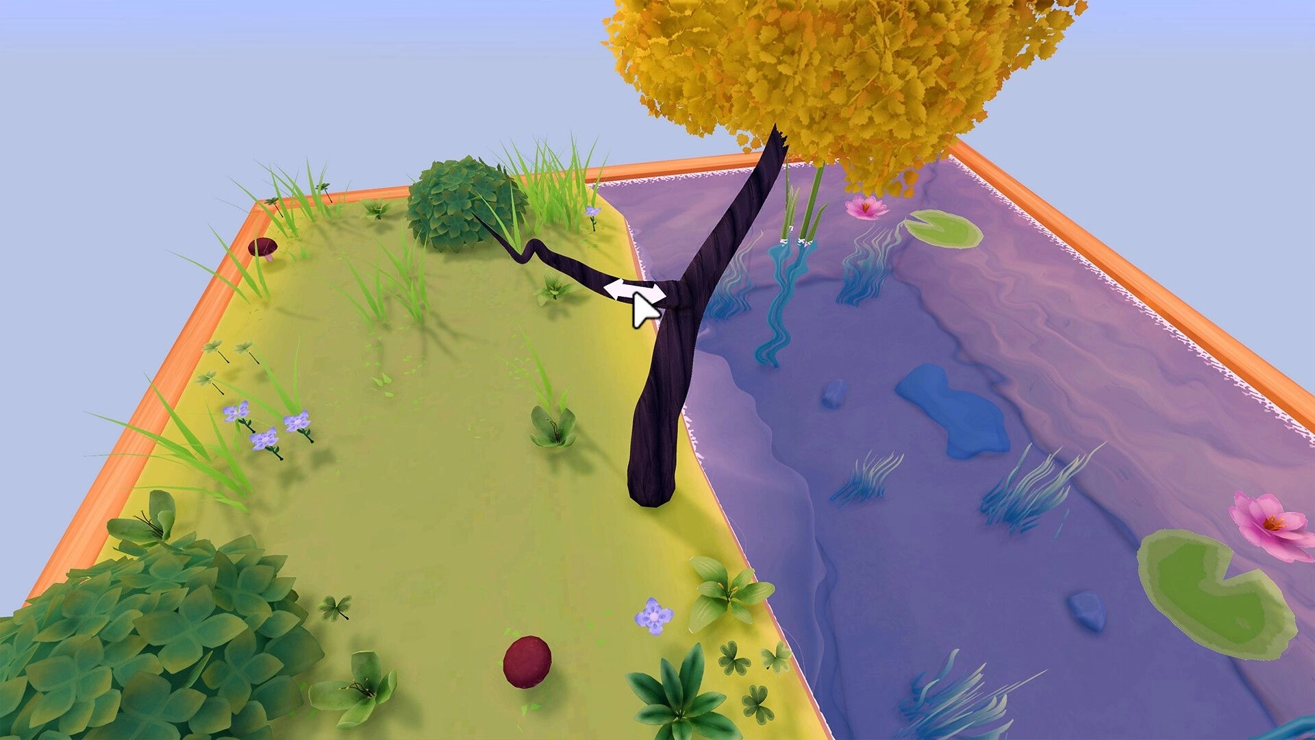 Your Tree: Arrow cursor on twisting trunk, split view of grassy terrain and serene pond with lily pads