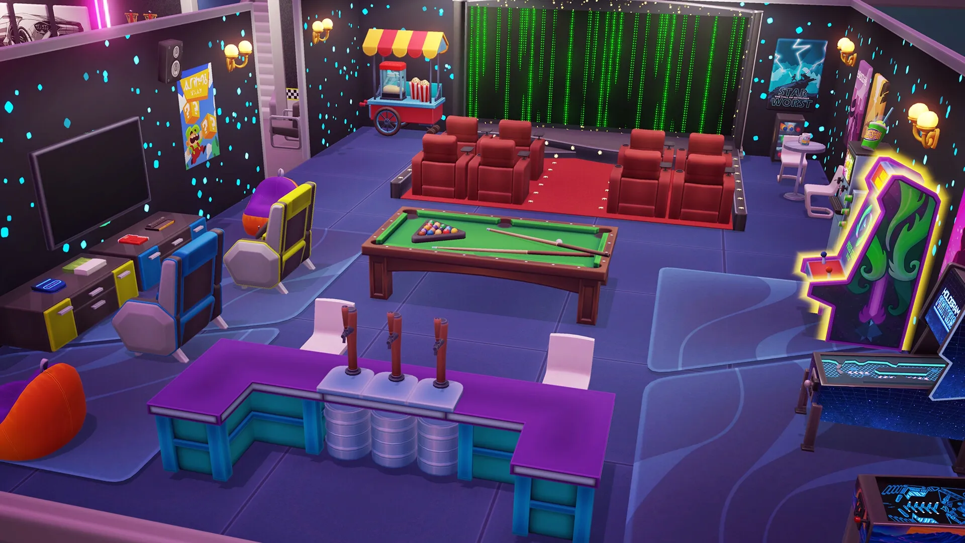Youtubers Life 3: Home setup with gaming chairs, pool table, arcade machines, and popcorn stand.