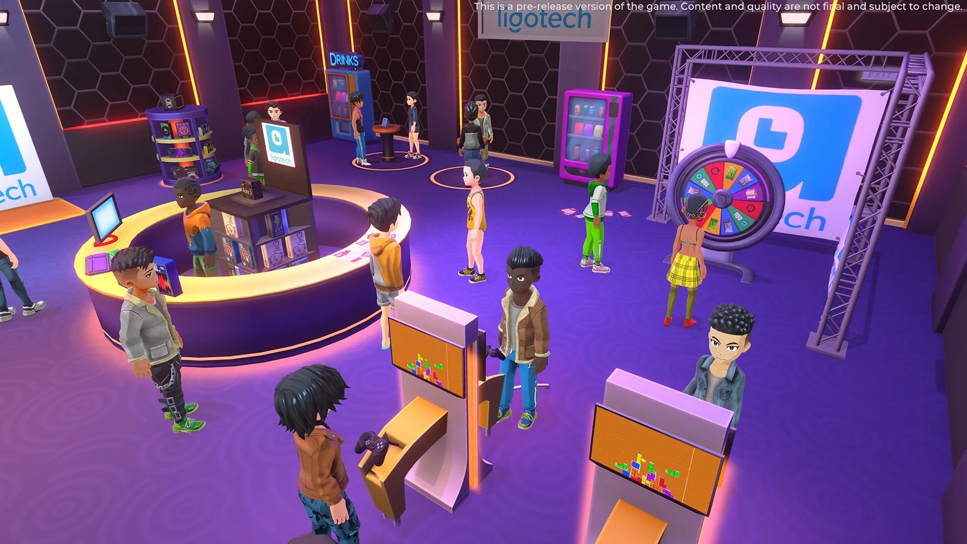 Youtubers Life 3: Characters gaming at arcade stations in a vibrant, neon-lit entertainment venue.