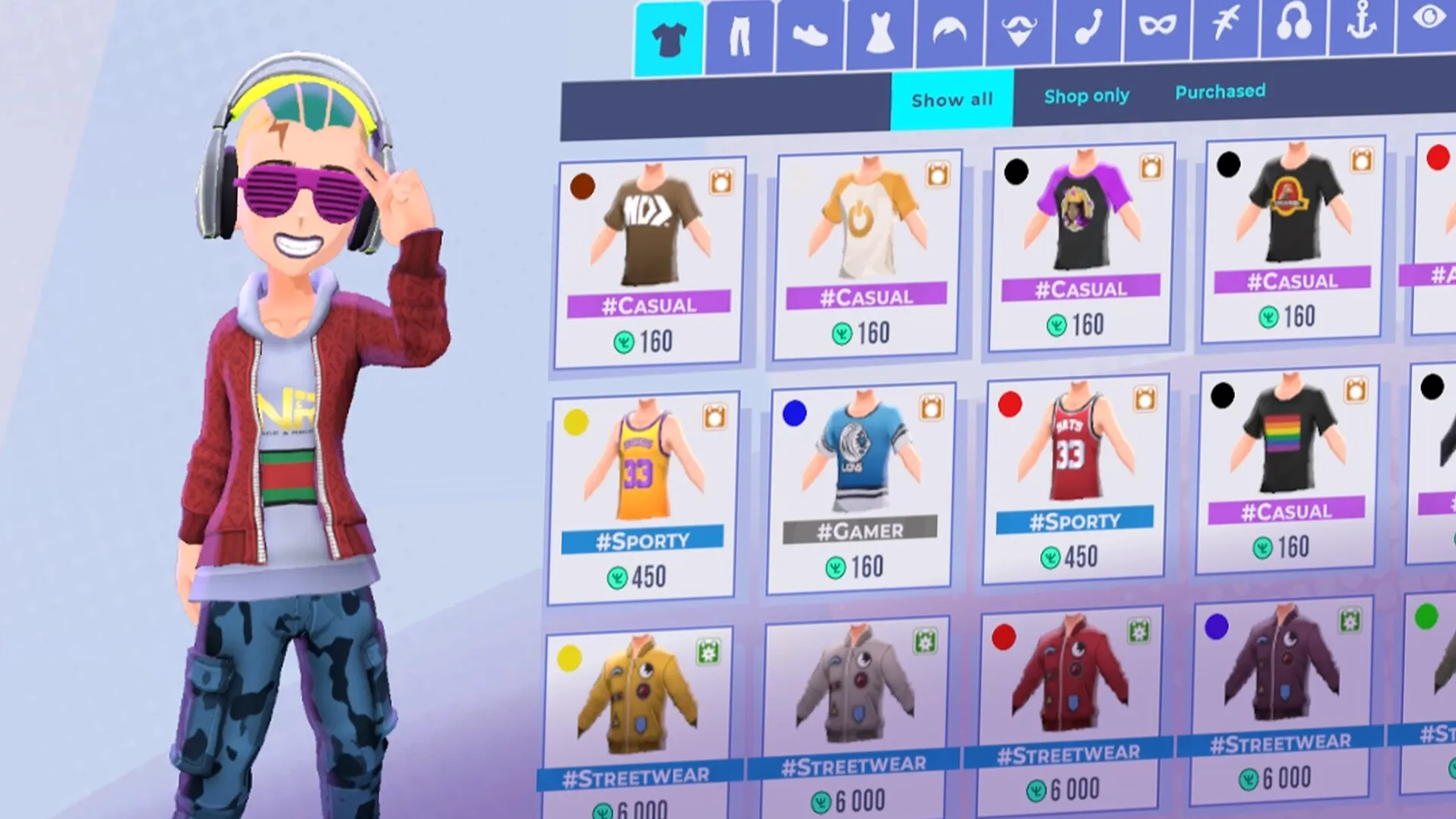 Youtubers Life 3: Avatar customizing outfits in clothing store interface with various style options
