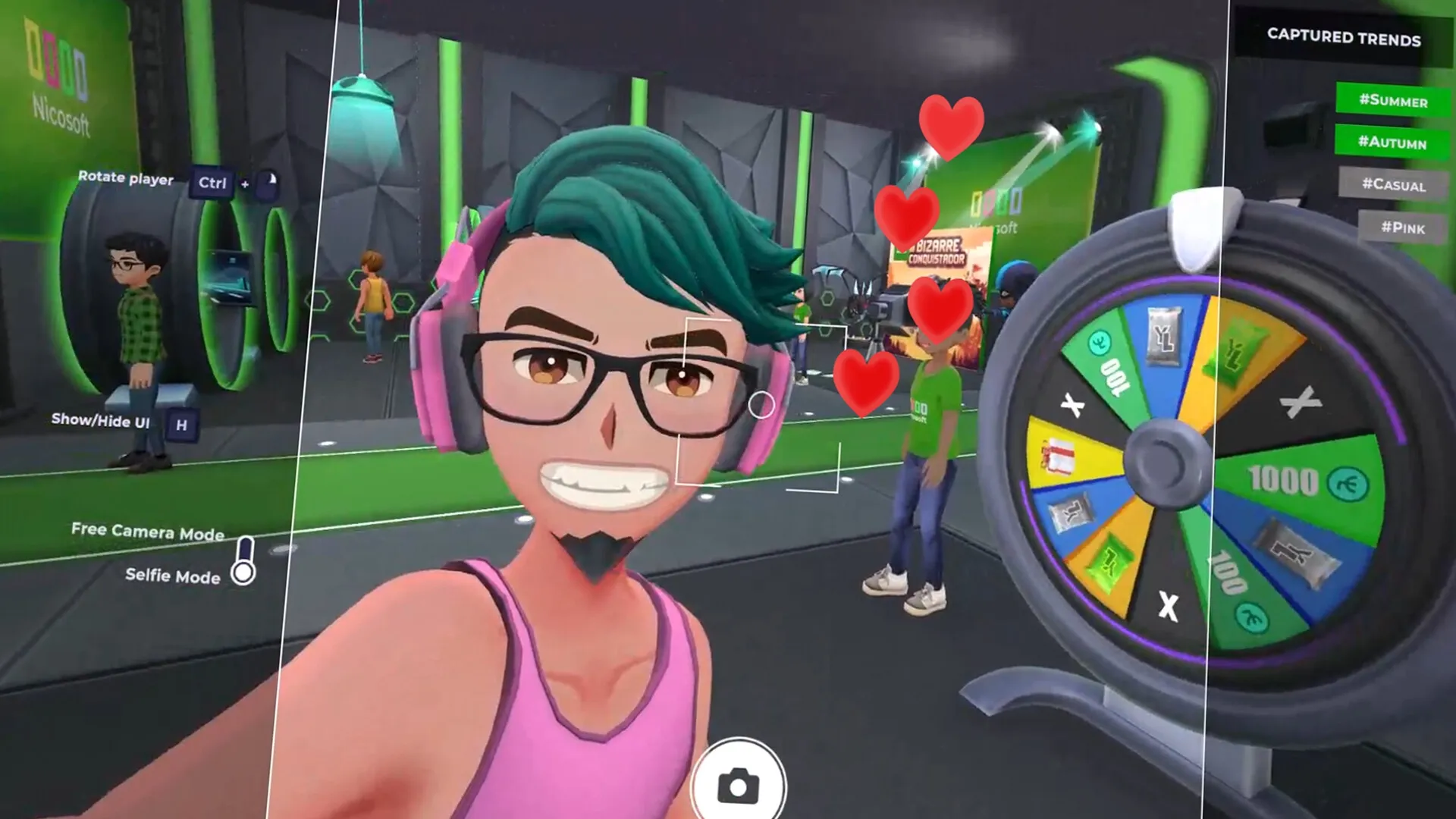 Youtubers Life 3: Selfie mode with spinning prize wheel in vibrant gaming expo setting