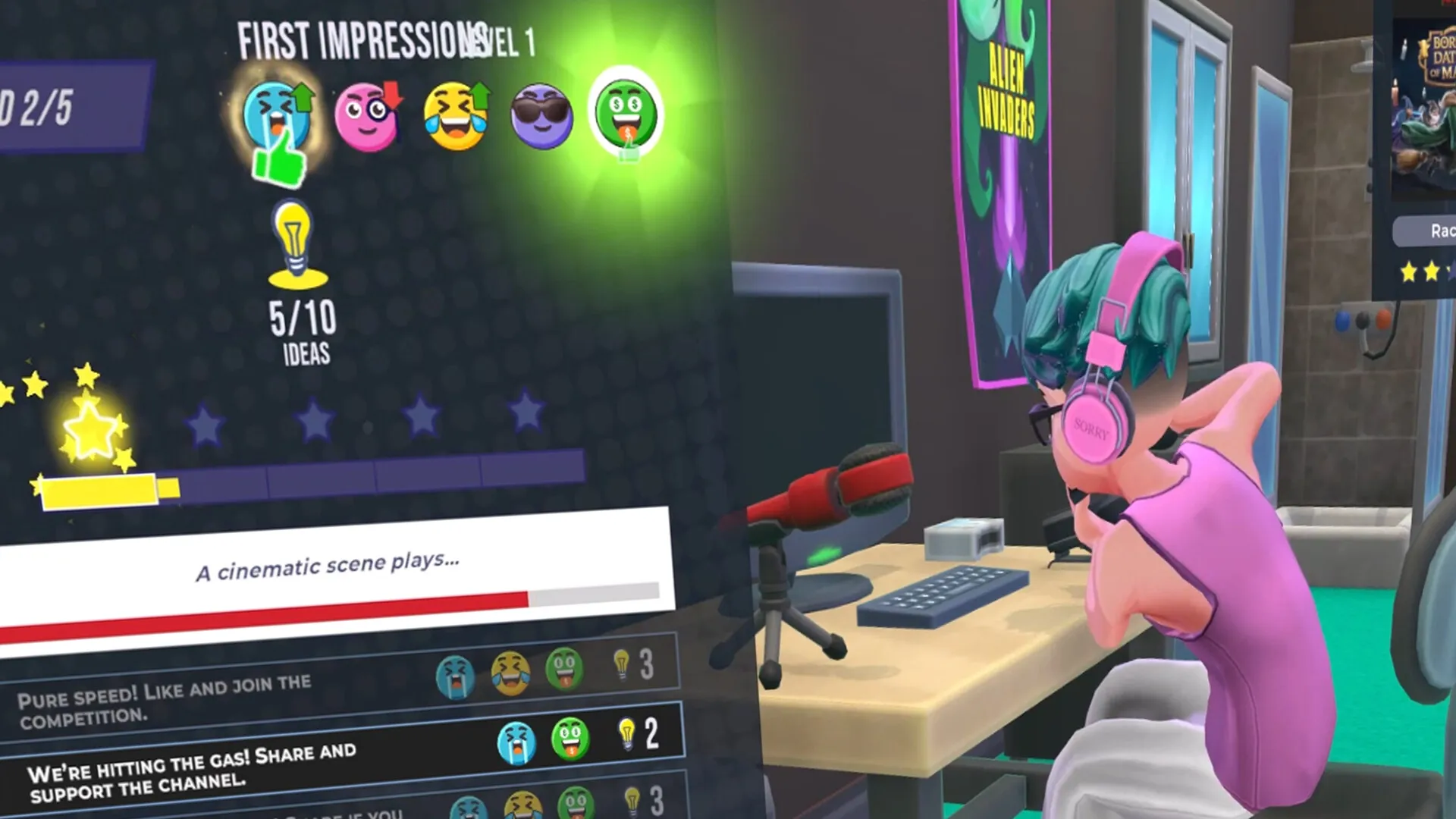 Youtubers Life 3: Player editing video at desk with emotion icons and idea stats in home studio