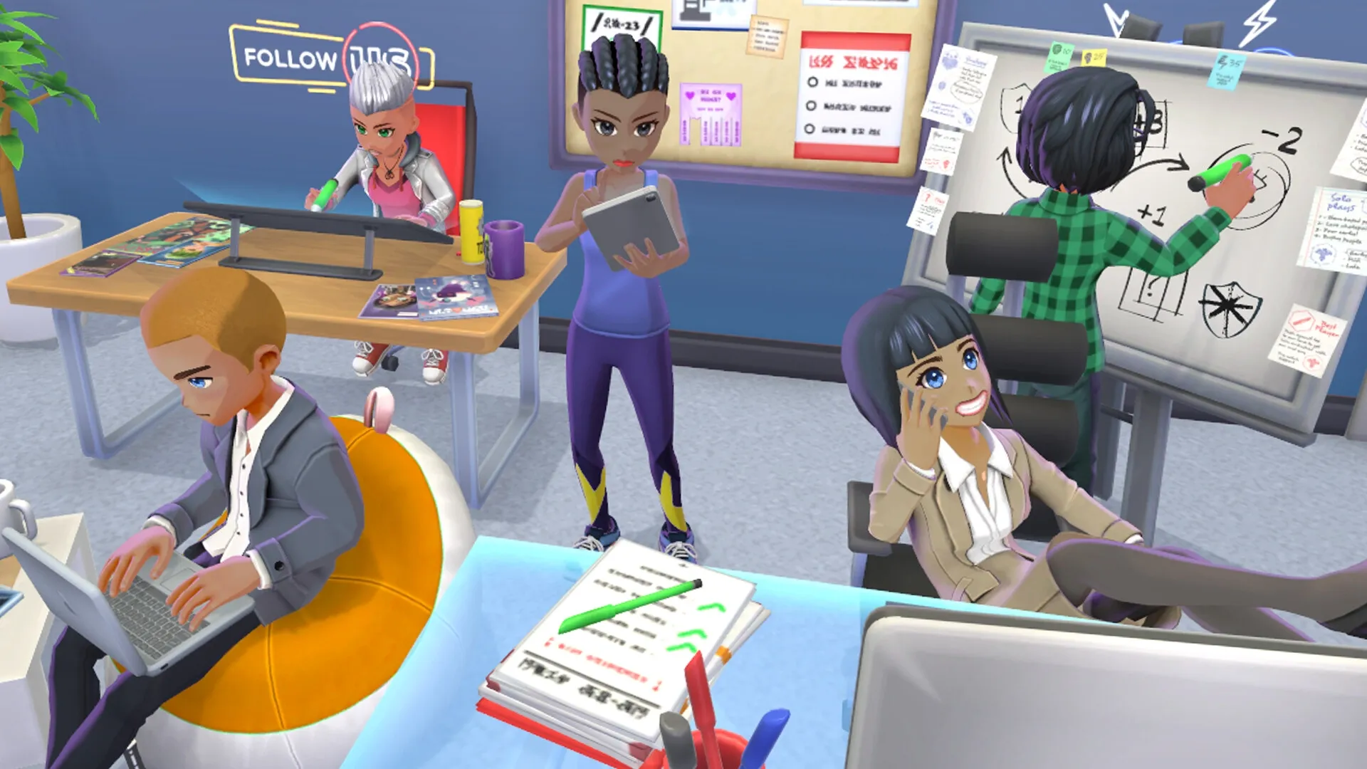 Youtubers Life 3: Group of characters working in a modern office with whiteboard and laptops